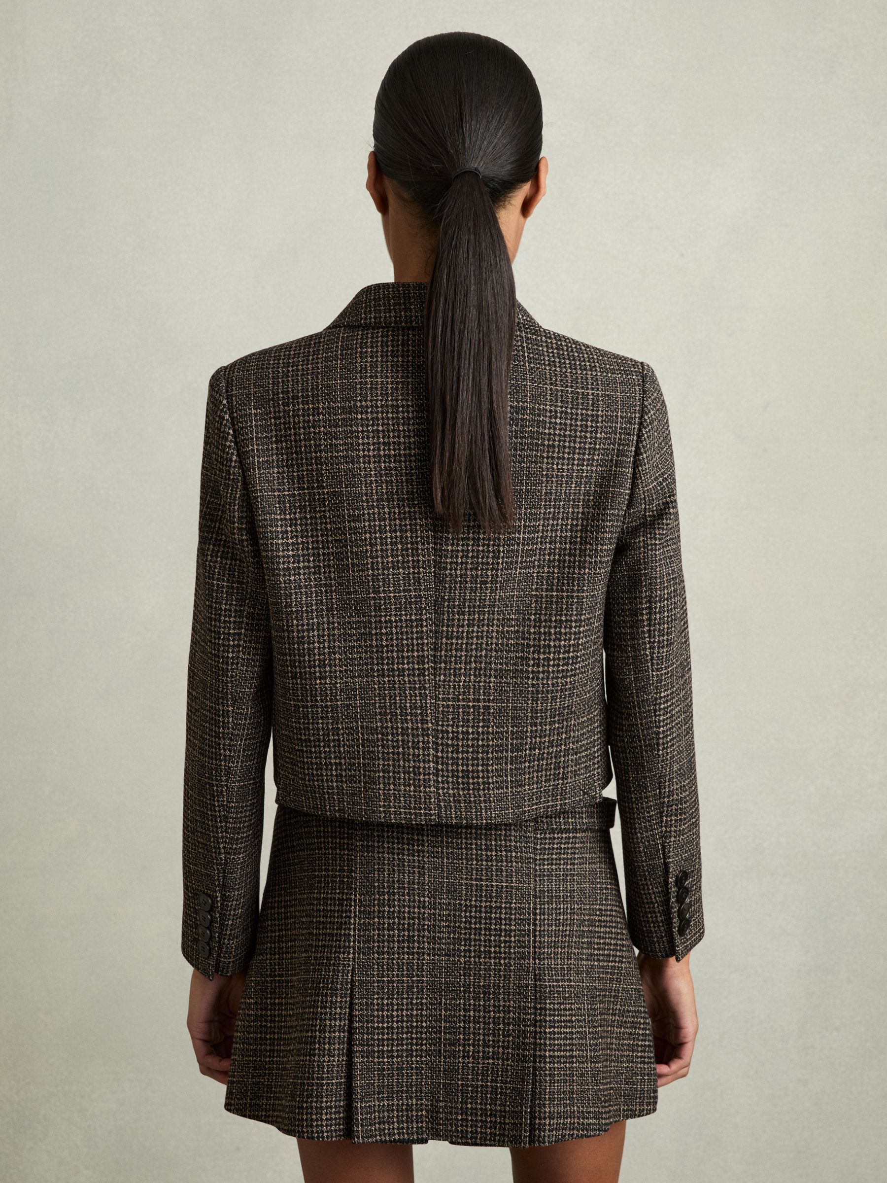 Double-Breasted Tweed Cropped Blazer in Brown Check