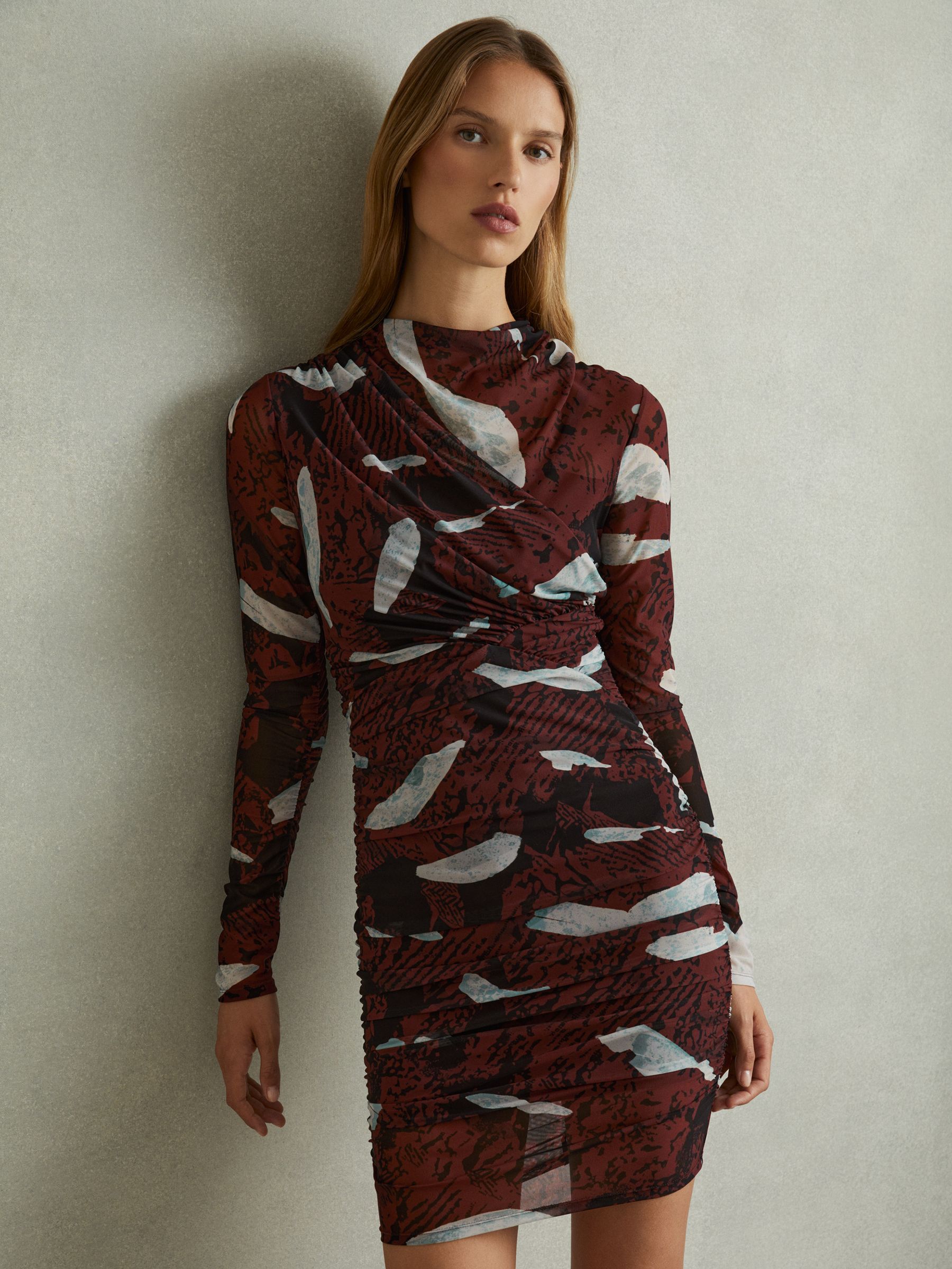 Kallie Burgundy Printed Ruched Mini Dress