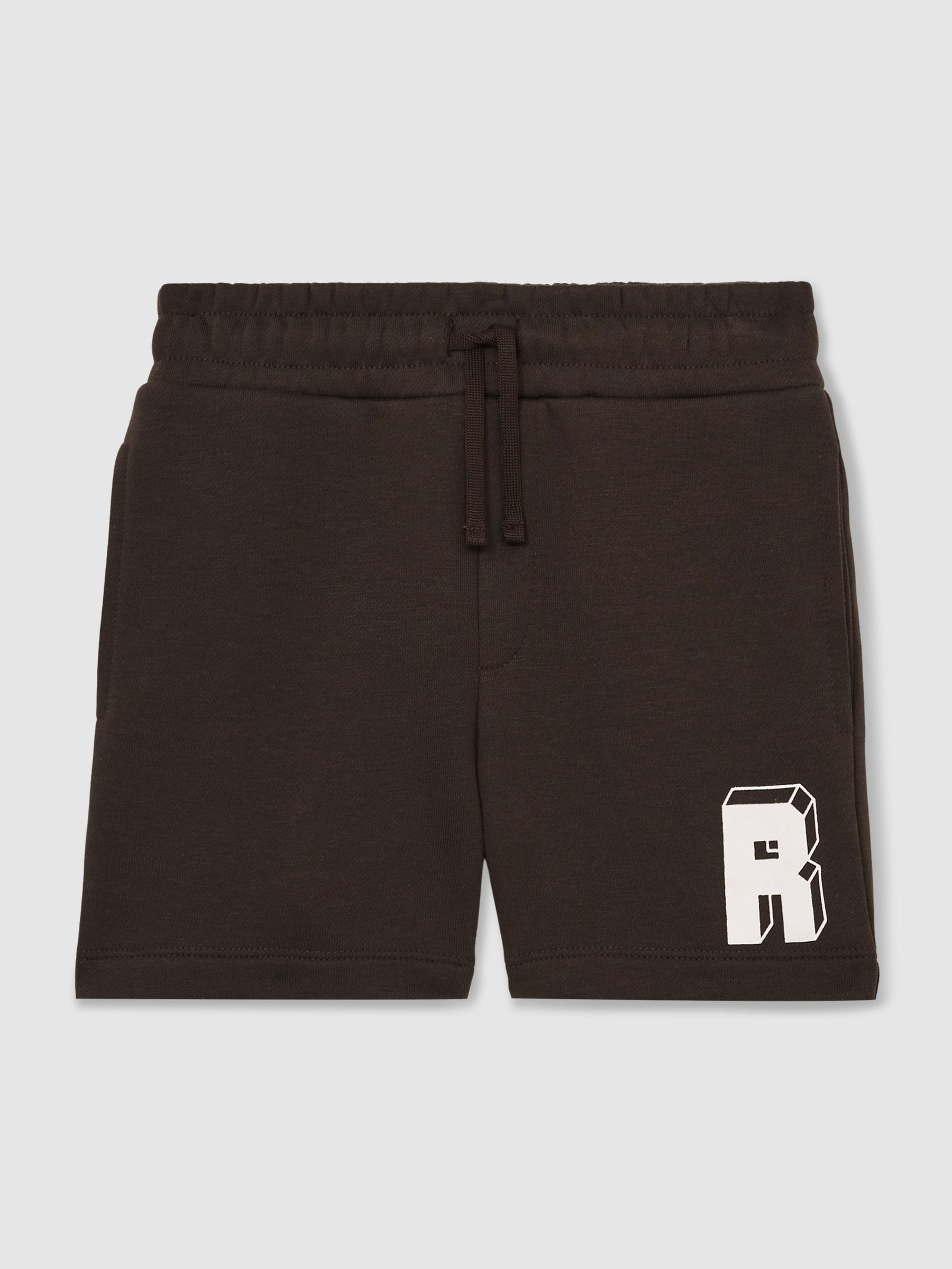 13-14 yrs Jersey Drawstring R Print Shorts in Chocolate Brown / Off White