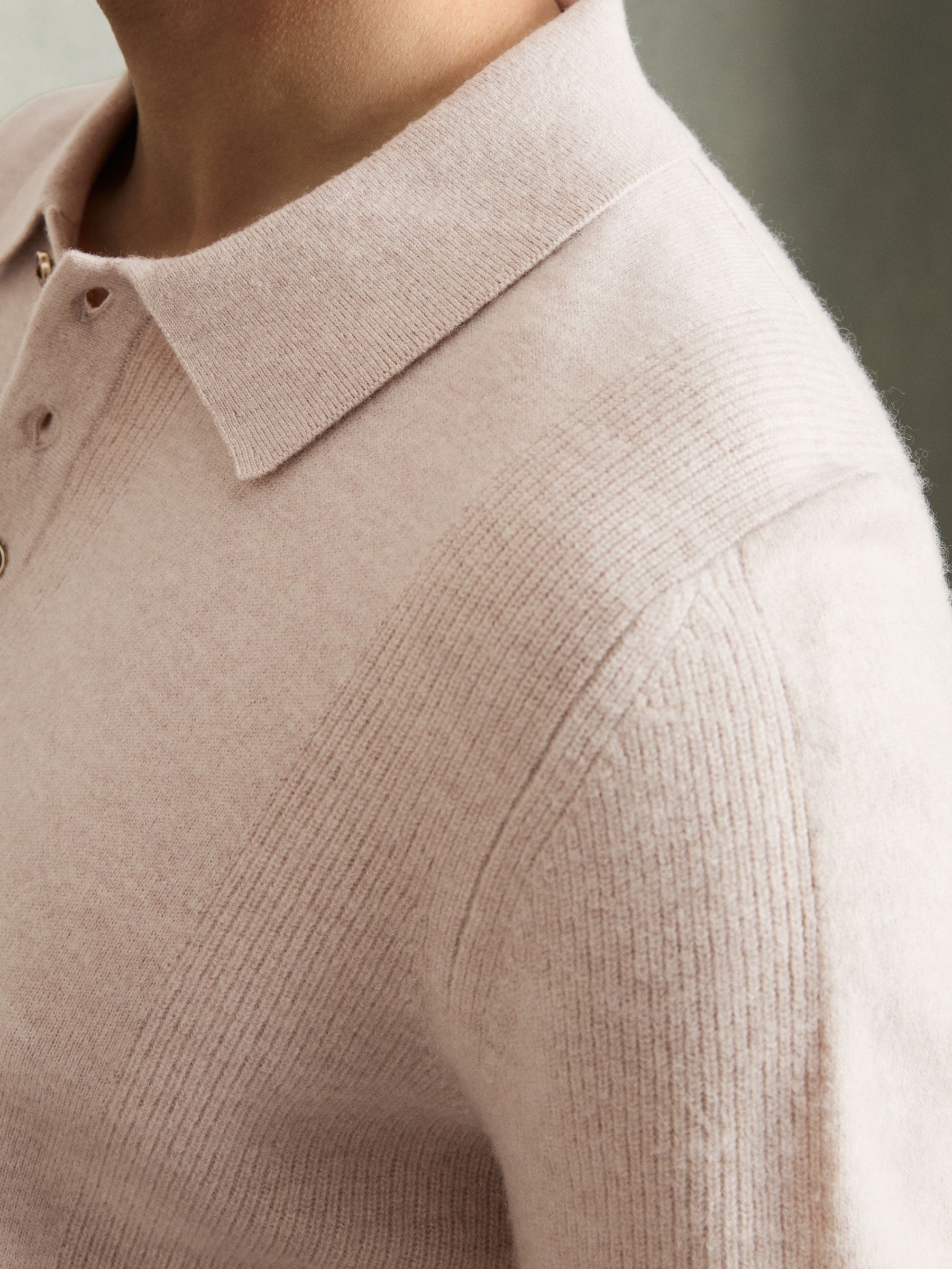 Wool Textured Long Sleeve Polo Shirt in Oatmeal