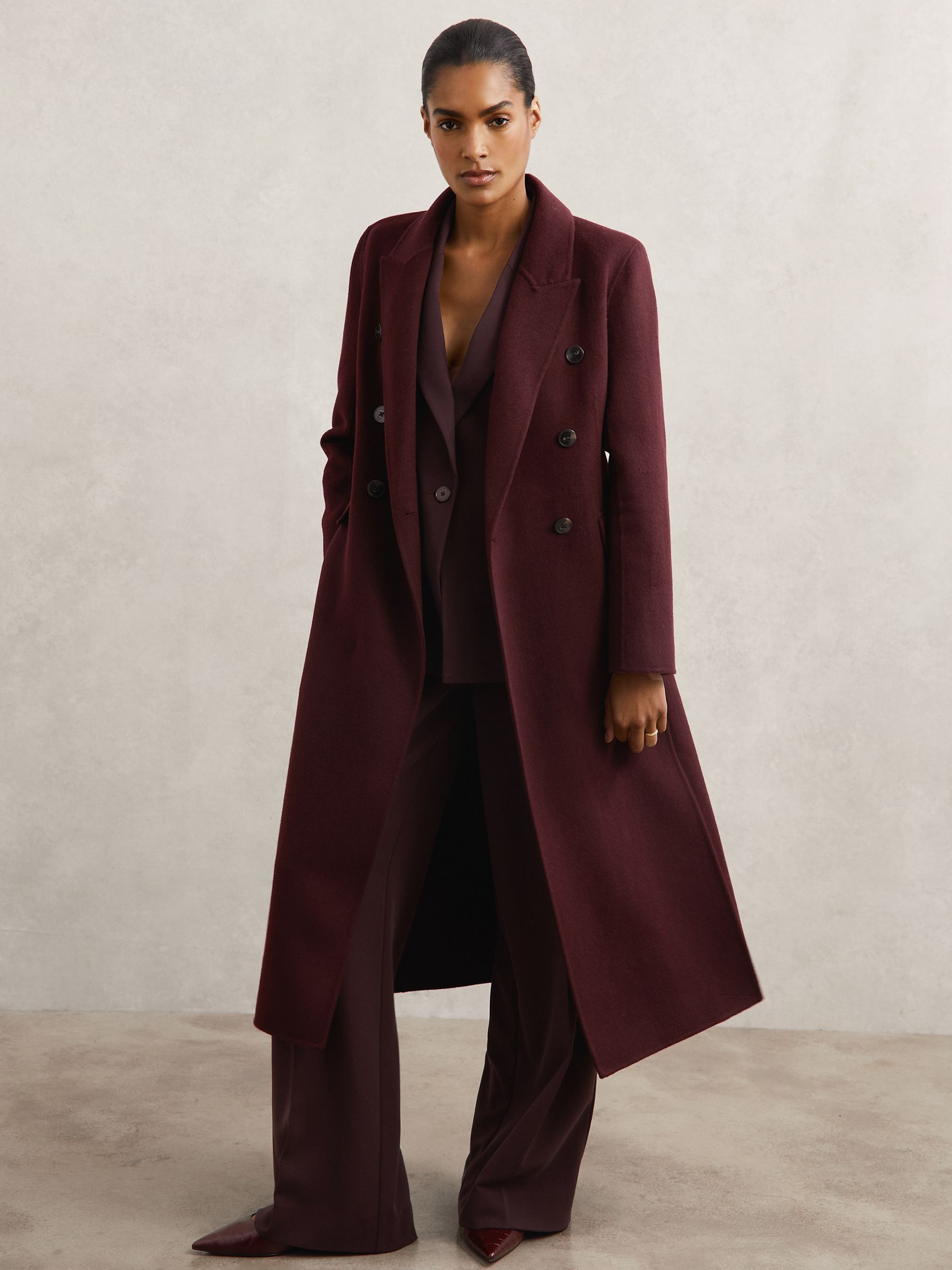 Double-Breasted Blindseam Coat Wool-Blend in Burgundy