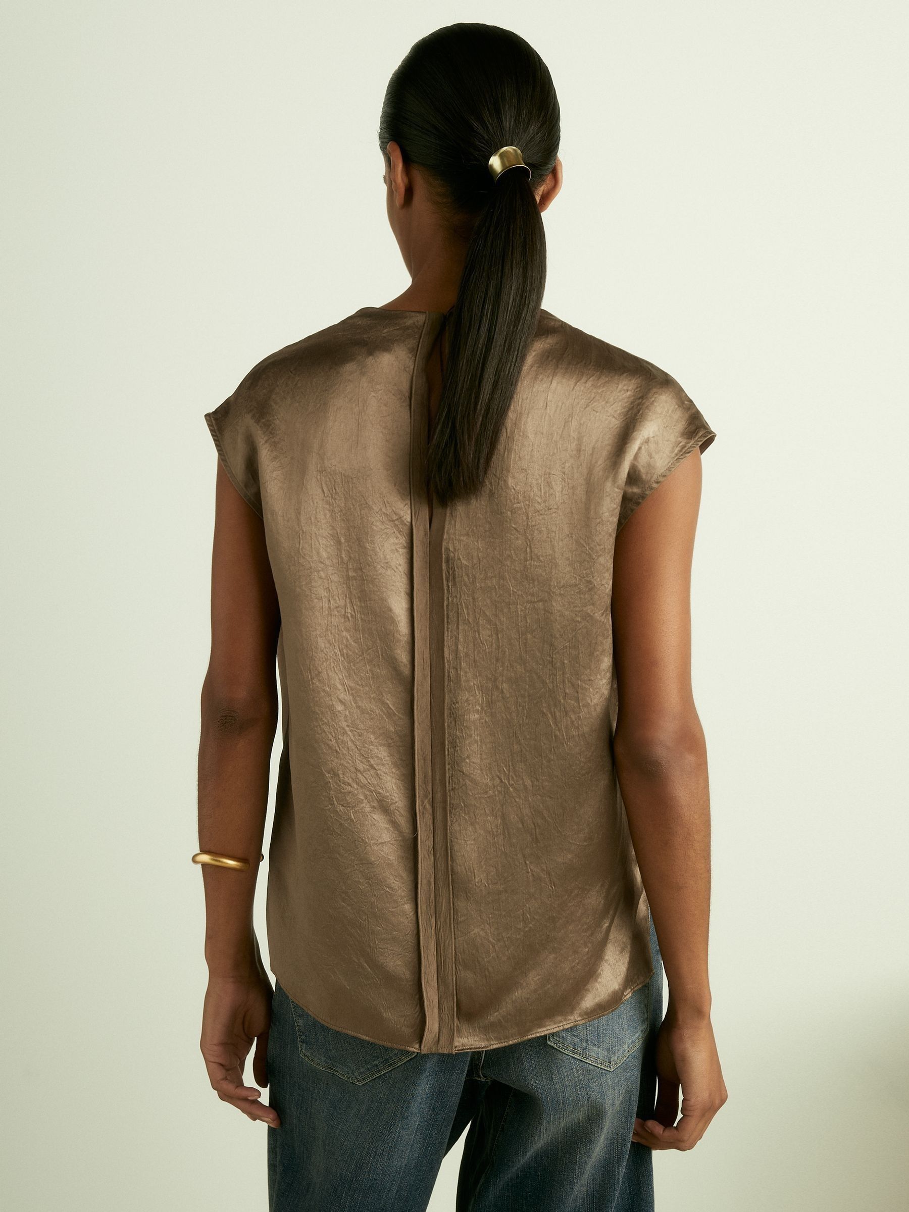 Satin Cowl-Neck Top in Khaki