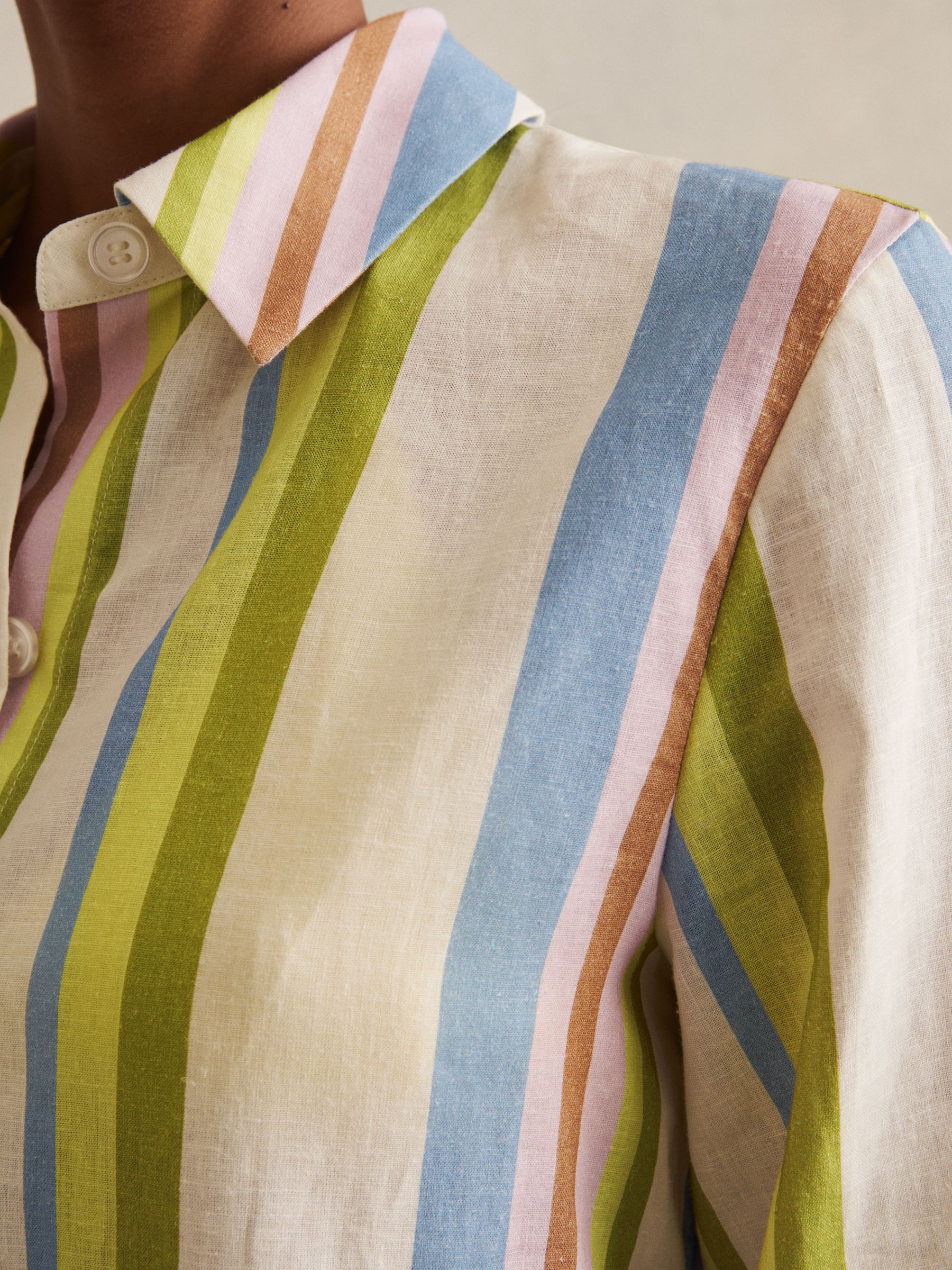 Linen-Blend Stripe Long-Sleeve Shirt in Green/Blue