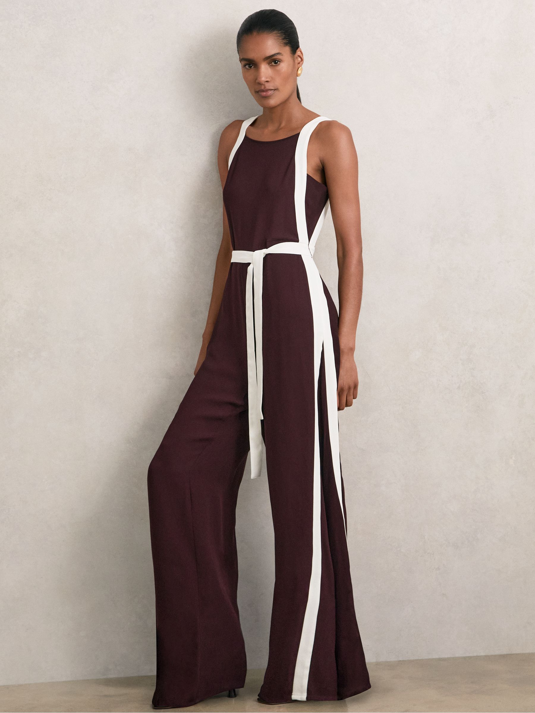 Colourblock Wide Leg Belted Jumpsuit in Burgundy/Cream