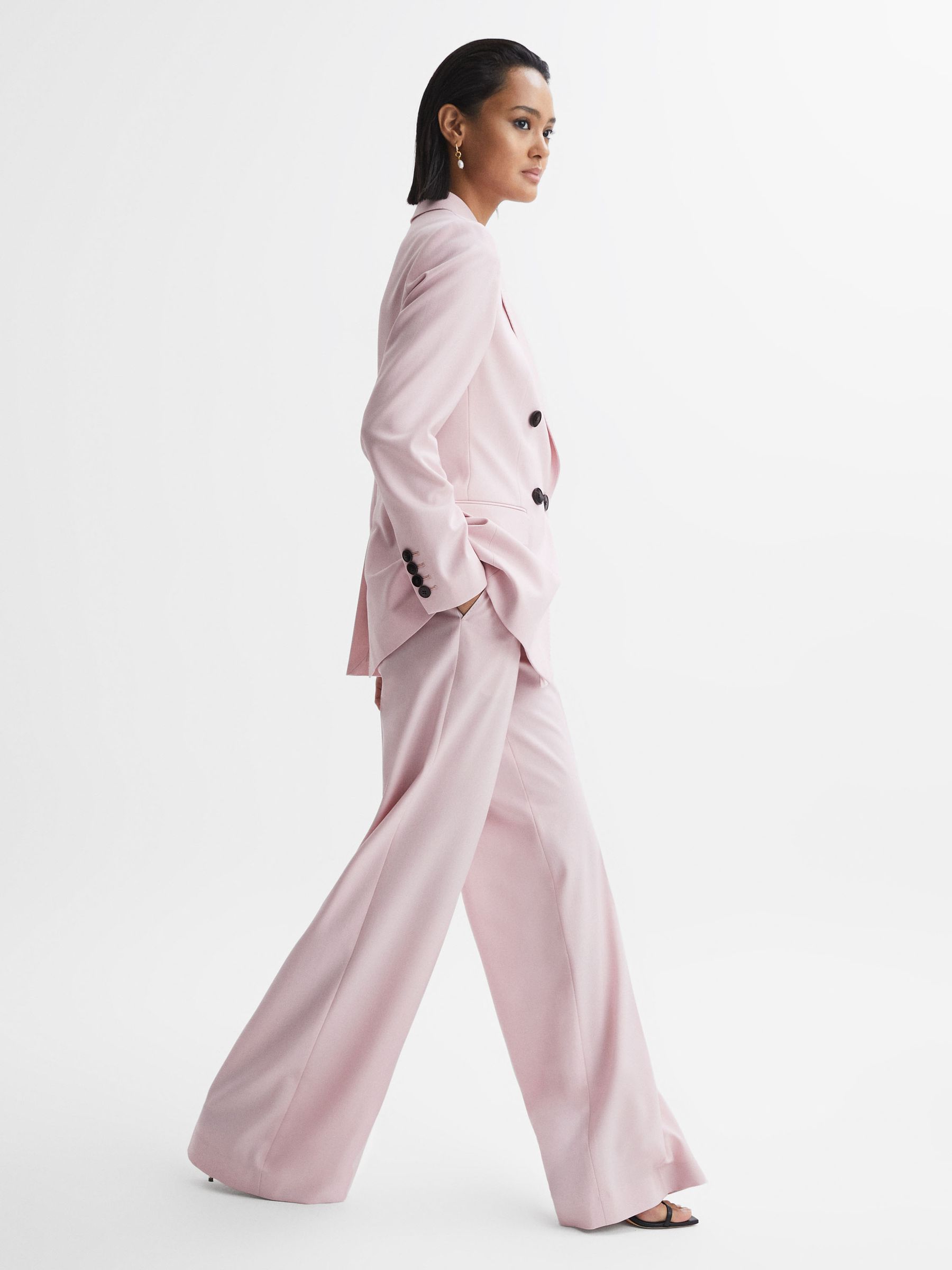 Wool Blend Mid Rise Wide Leg Trousers in Pink