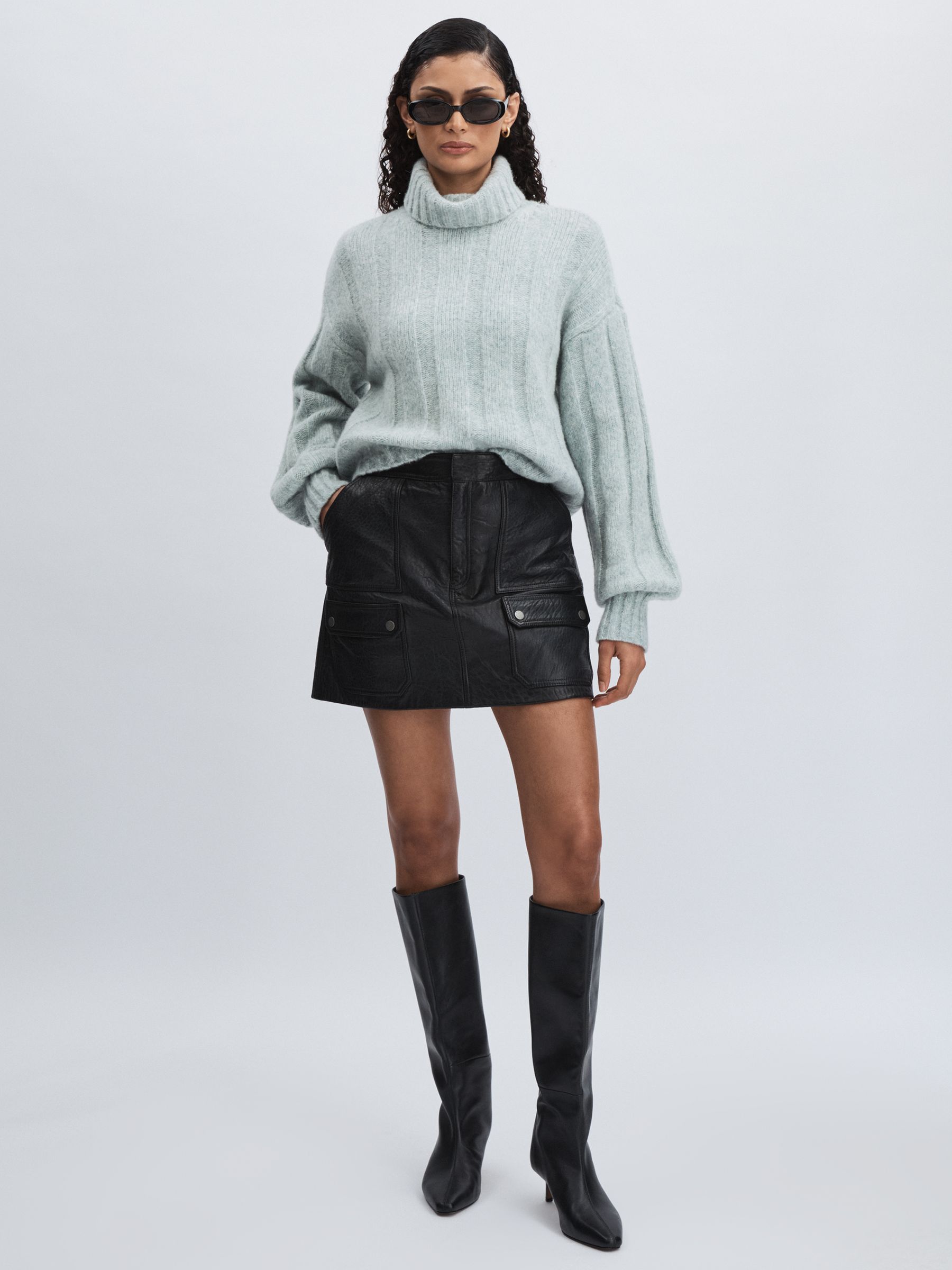 Paige Wool Blend Ribbed Roll Neck Jumper in Ocean