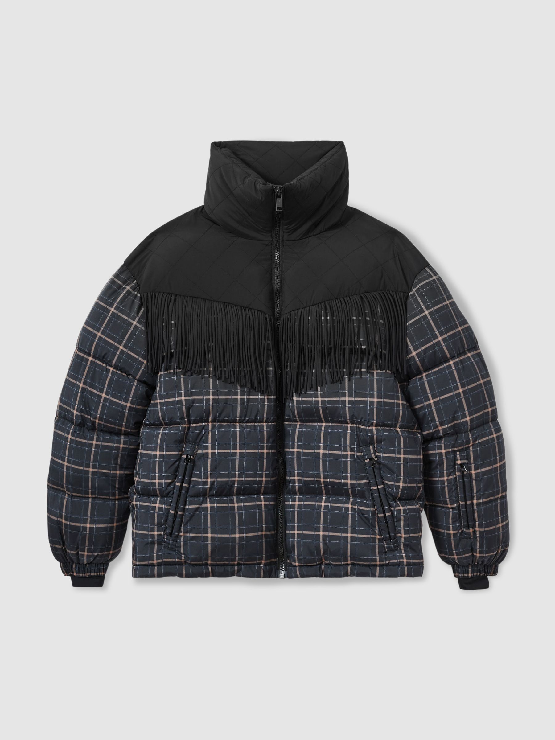The Upside Fringed Check Puffer Coat in Black Check