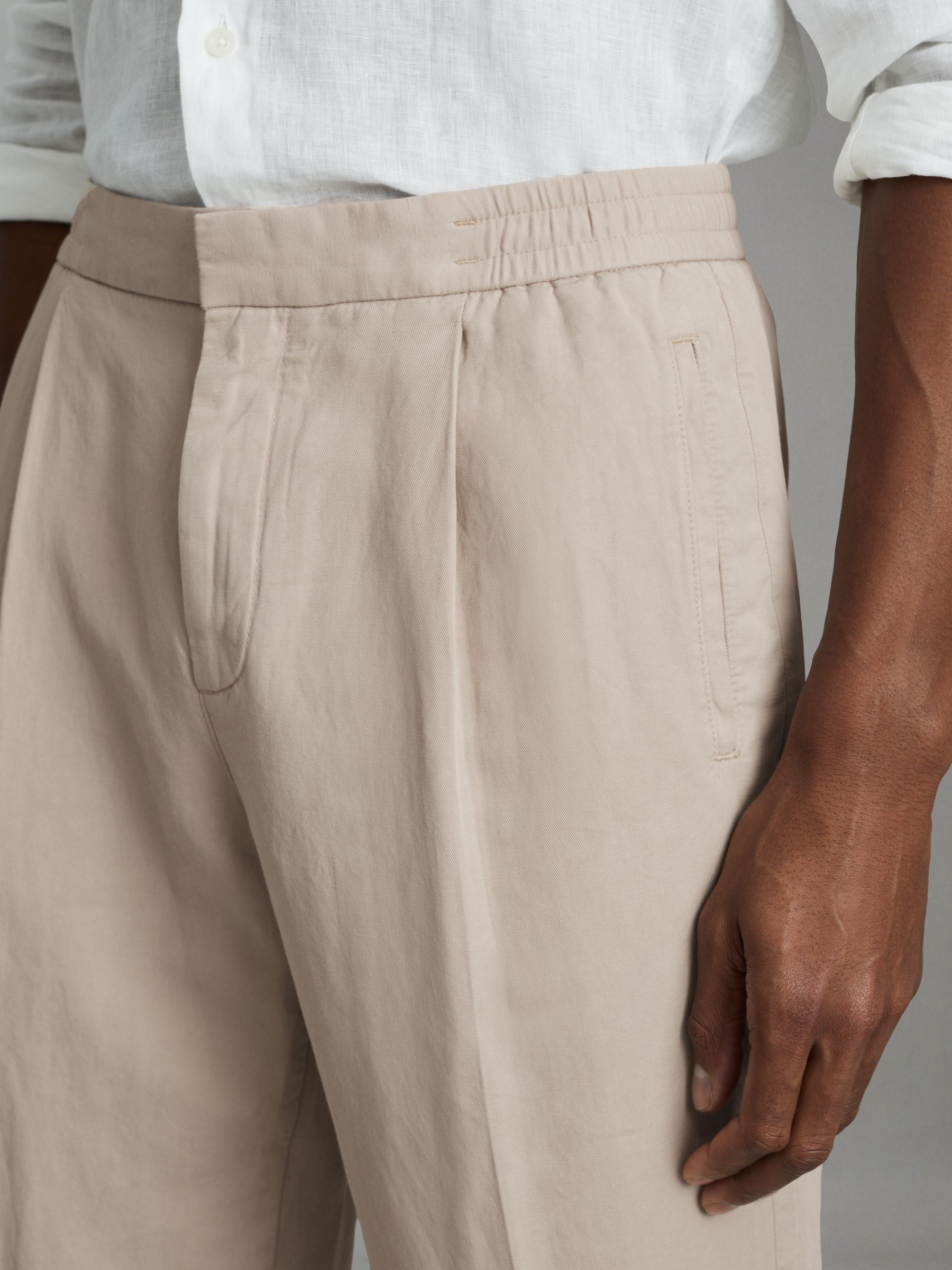 Relaxed Cotton/Linen Blend Elasticated Waist Trousers in Stone