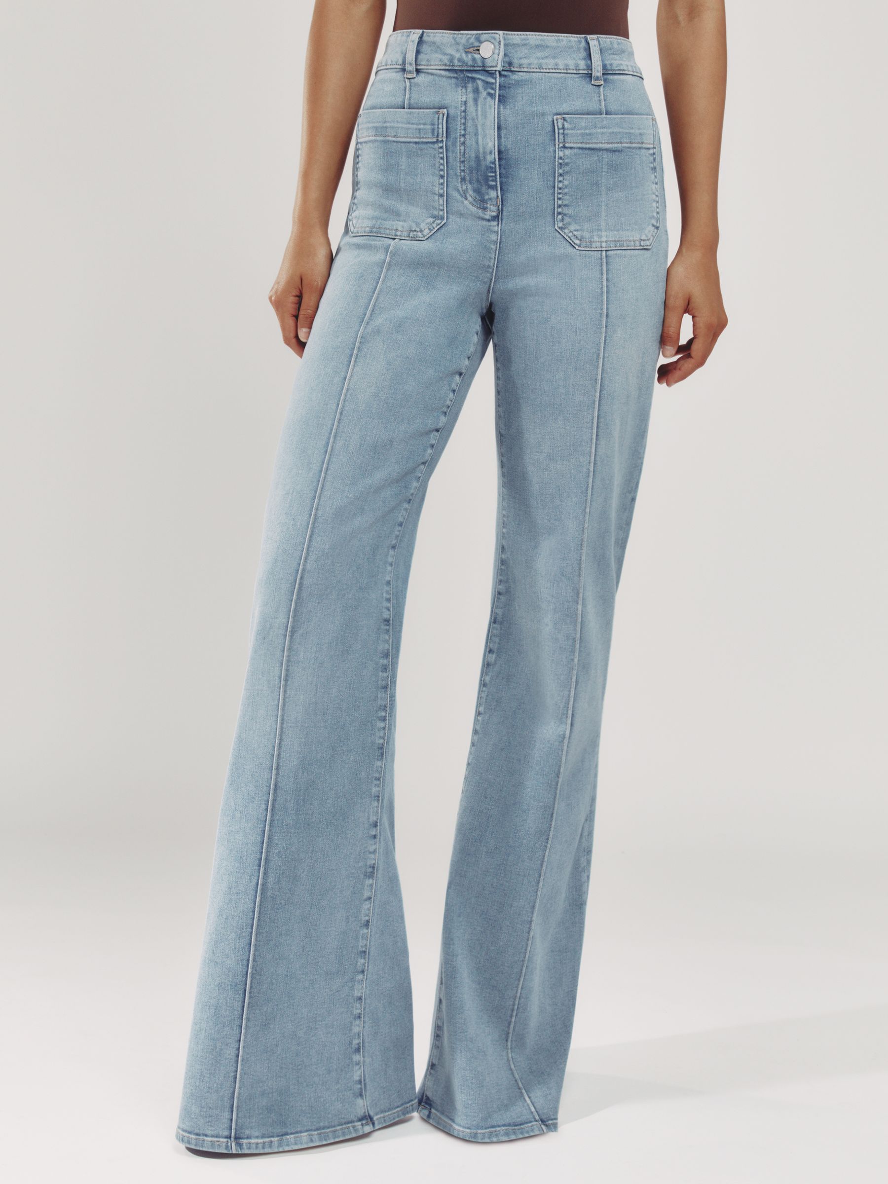 Petite Patch-Pocket Flared Jeans in Light Blue