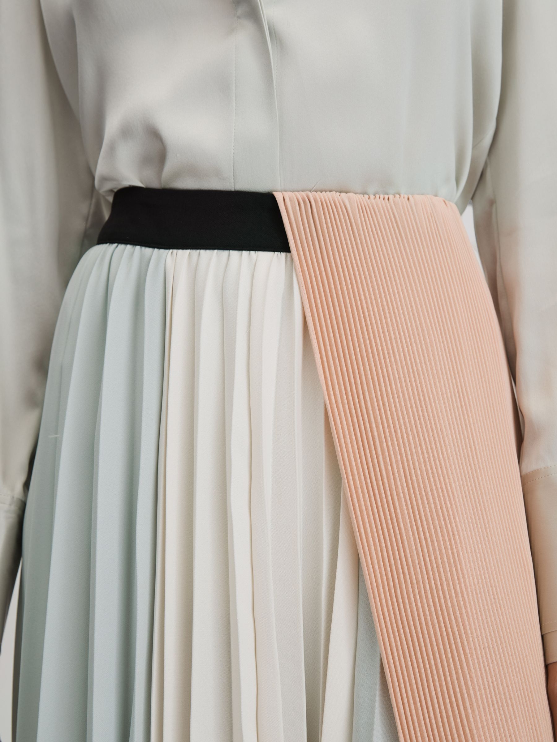 Pleated Asymmetric Midi Skirt in Pink/Cream