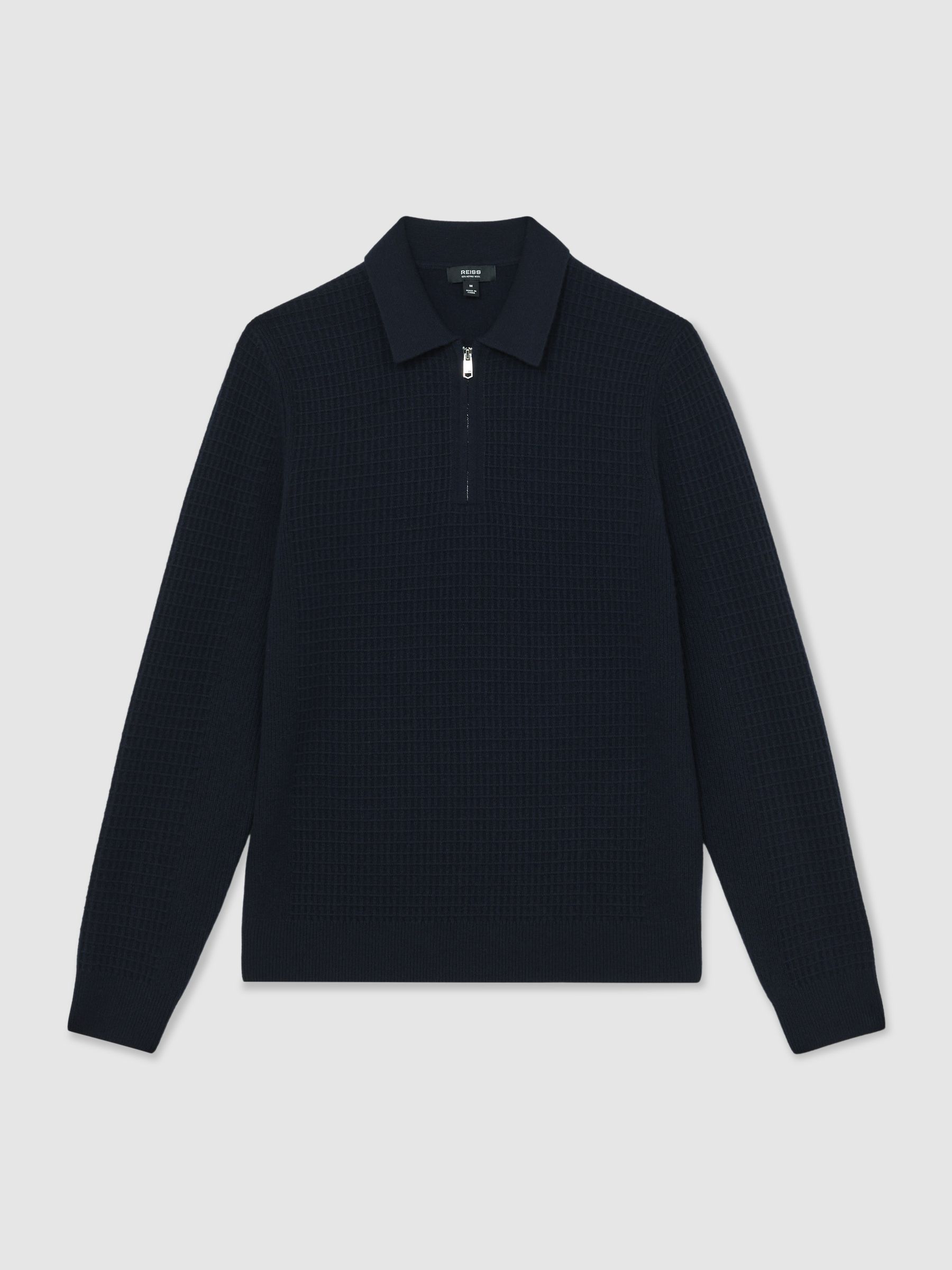 Wool Waffle-Knit Half-Zip Polo Shirt in Navy