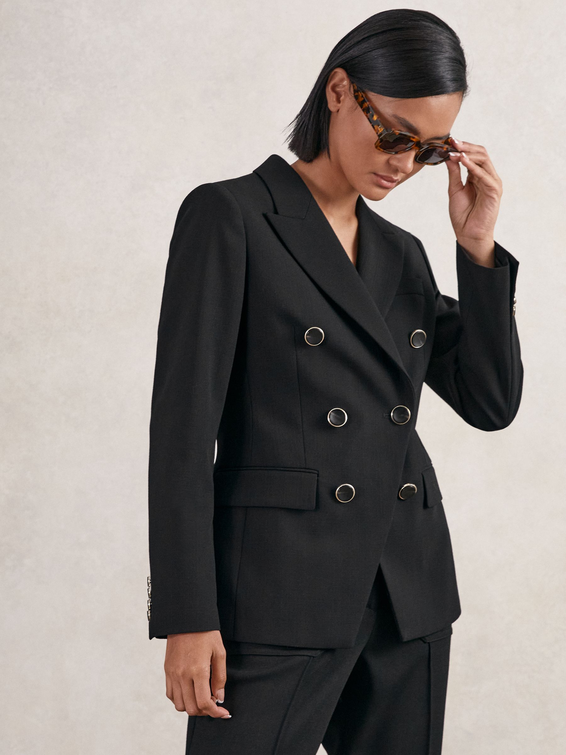 Wool-Blend Double-Breasted Blazer in Black