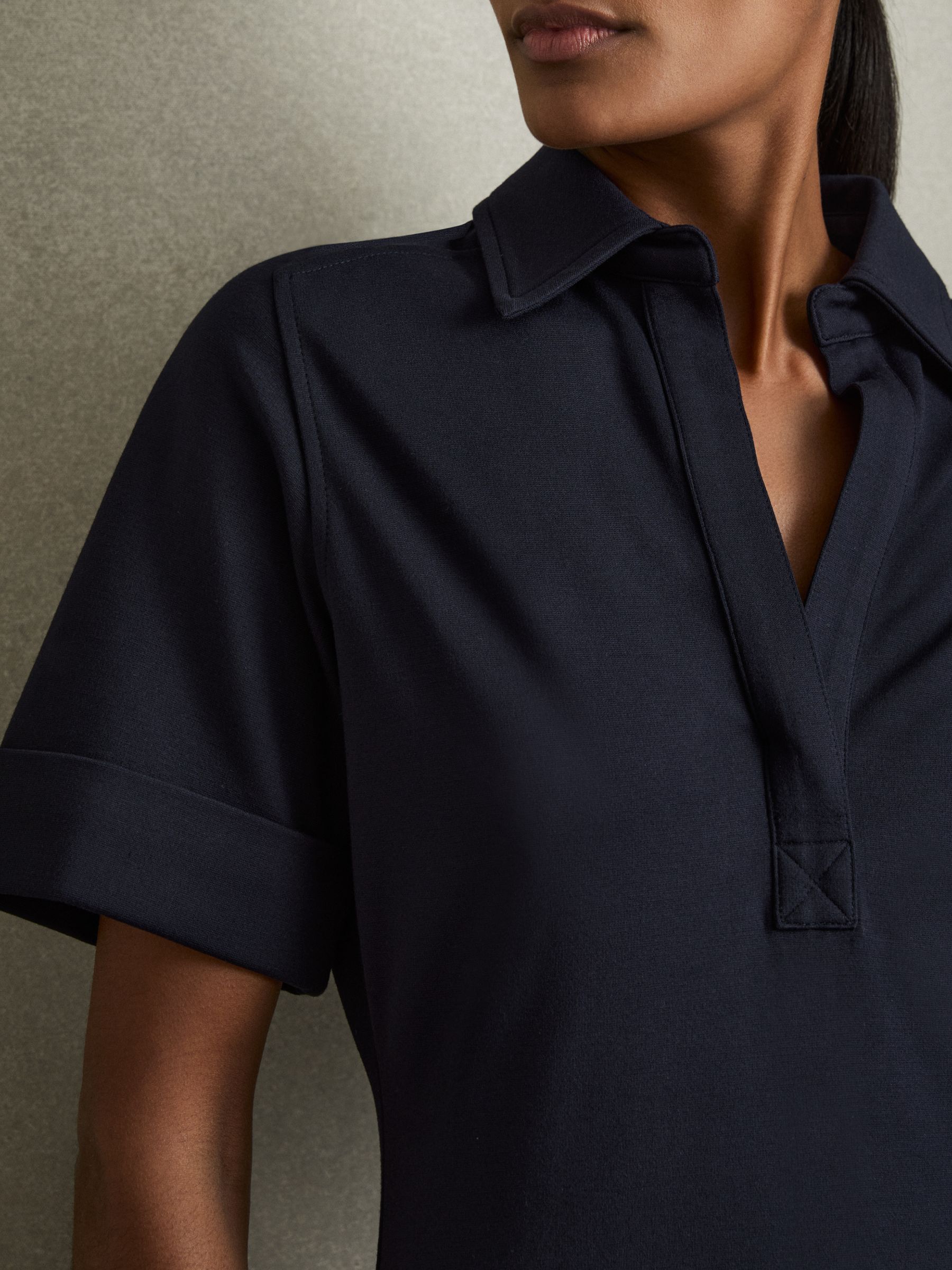 Jersey Open-Collar Bodycon Dress in Navy