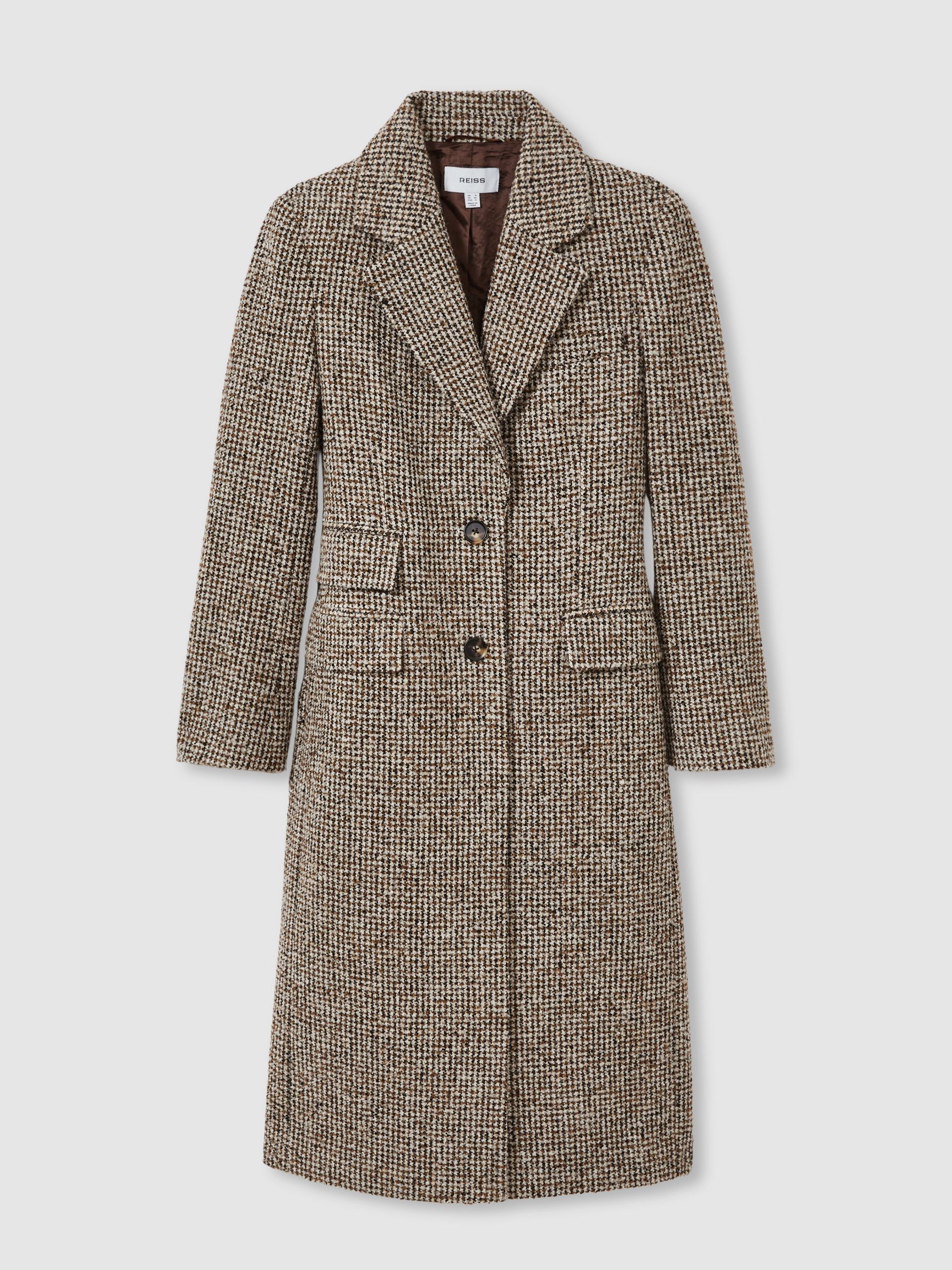 Wool-Blend Houndstooth-Check Coat in Brown Check