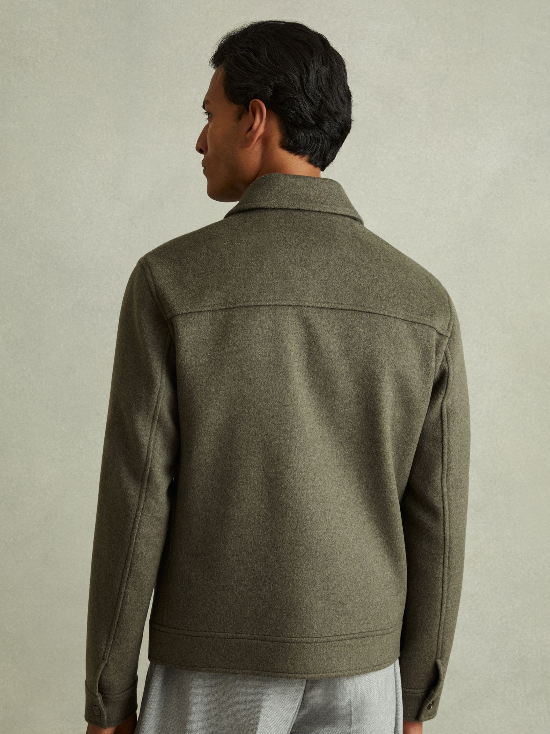 Zip-Through Trucker Jacket with Wool in Green Smoke