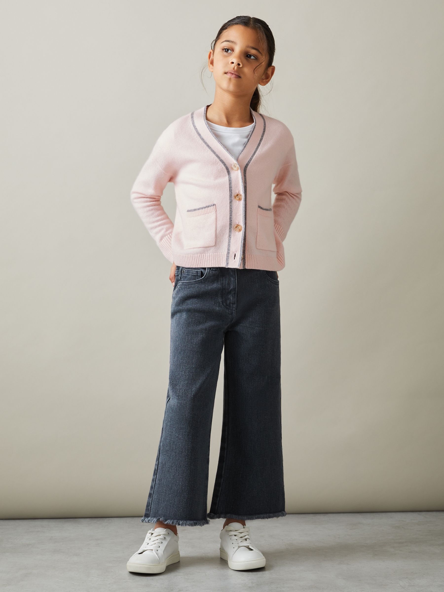 9-13 yrs Wool-Blend Stripe-Detail Cardigan With Cashmere in Pink