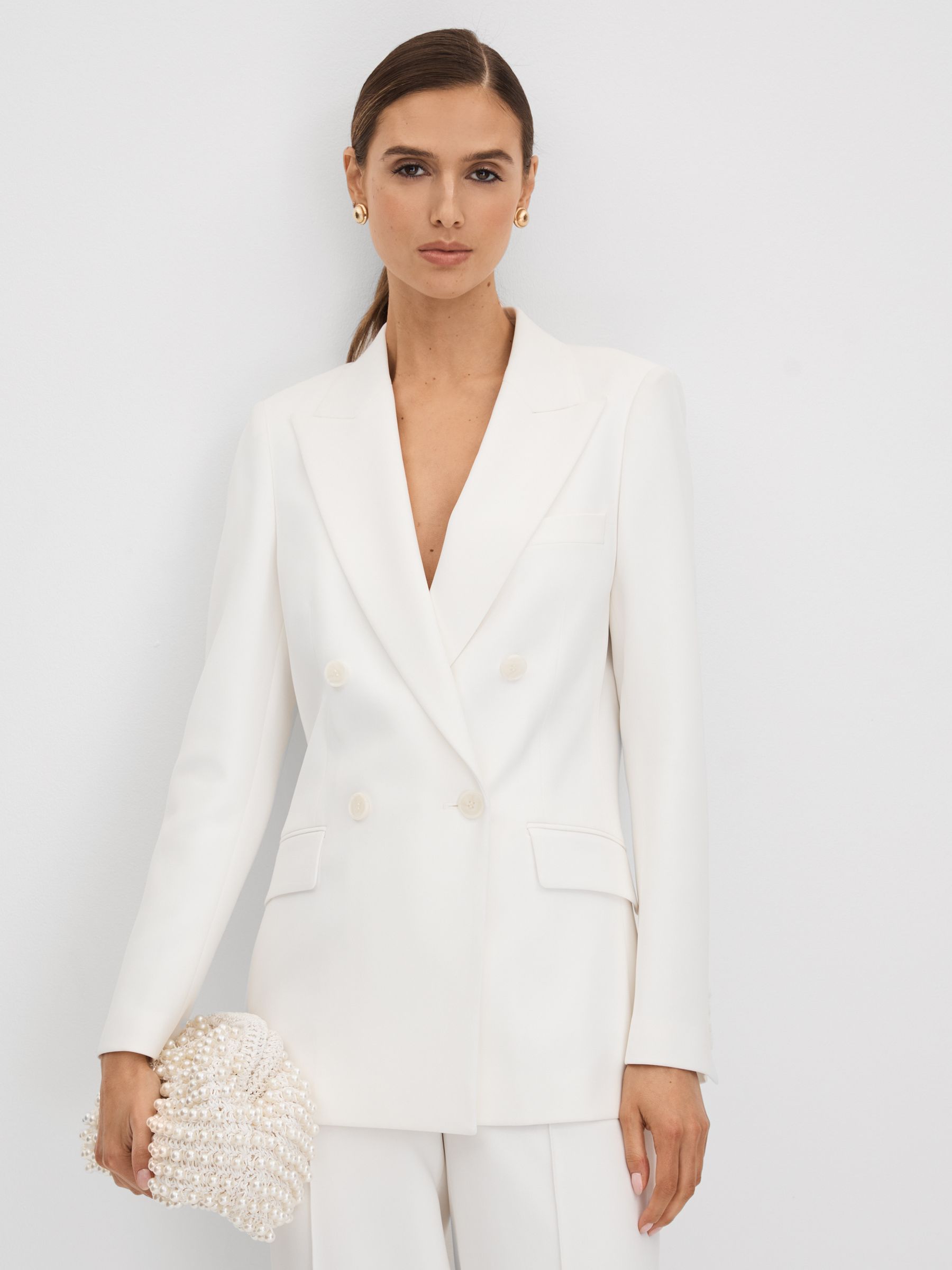Petite Double Breasted Crepe Suit Blazer in White