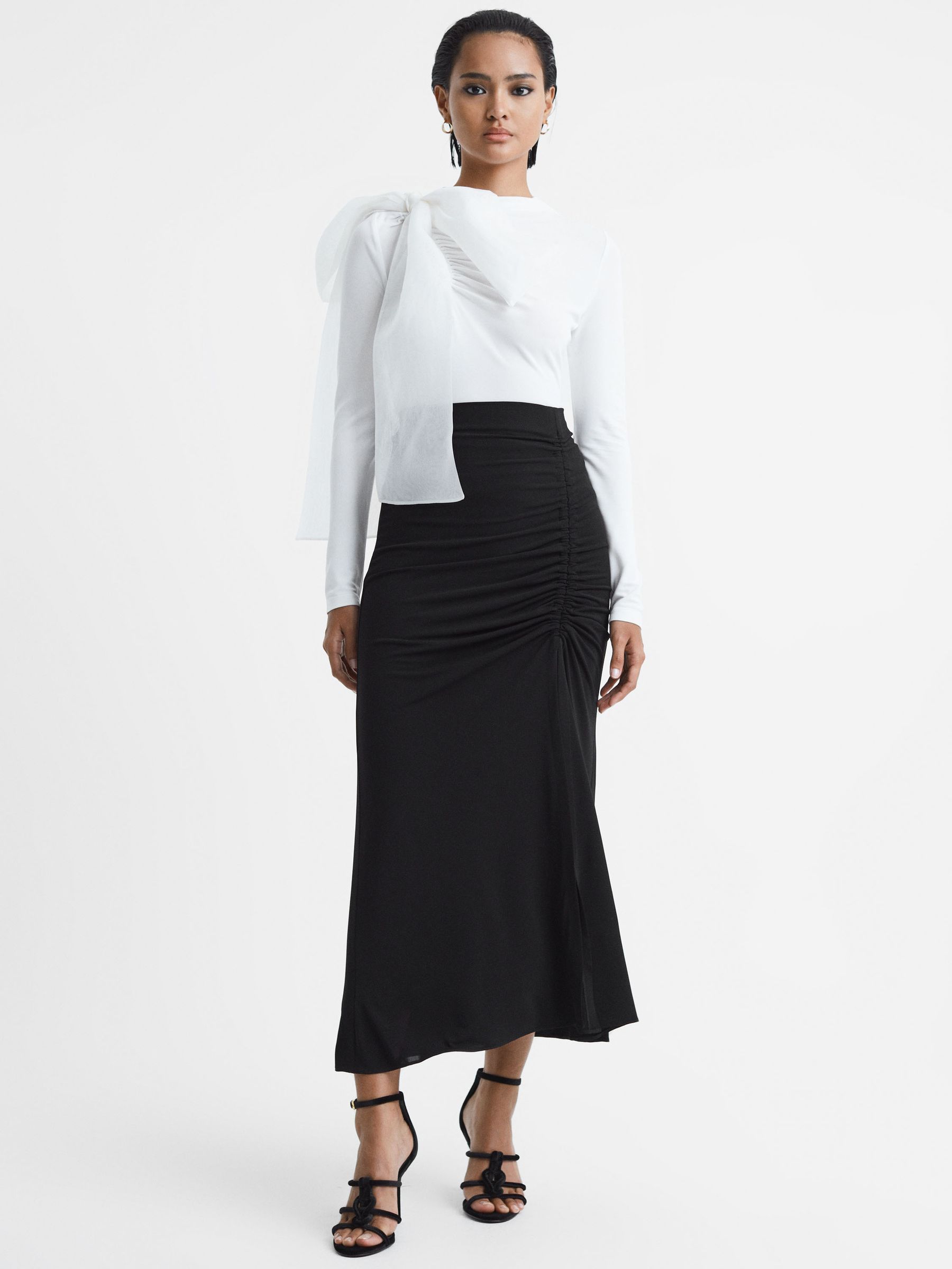 High Rise Ruched Fitted Midi Skirt in Black
