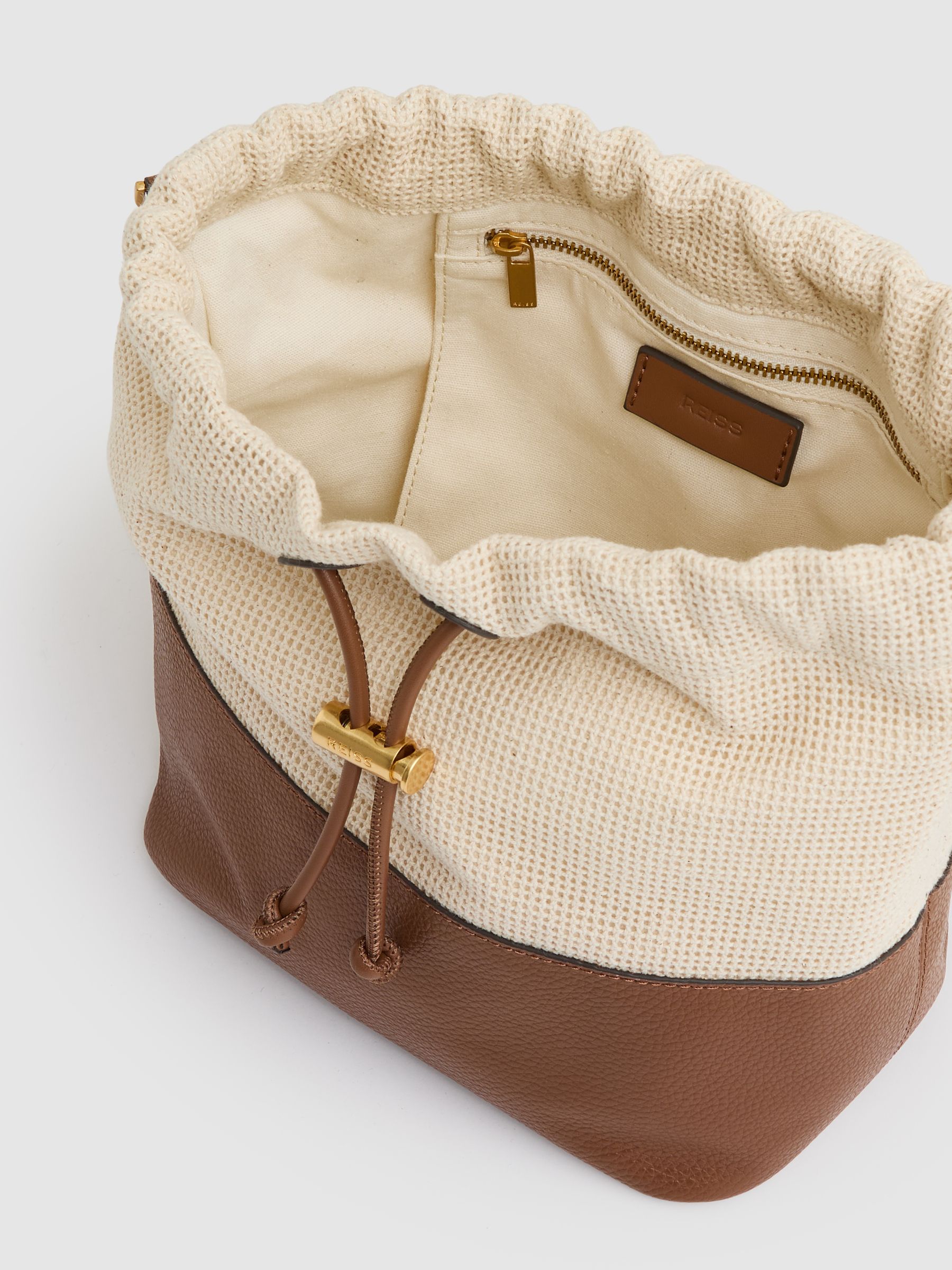Leather And Canvas Bucket Bag in Neutral