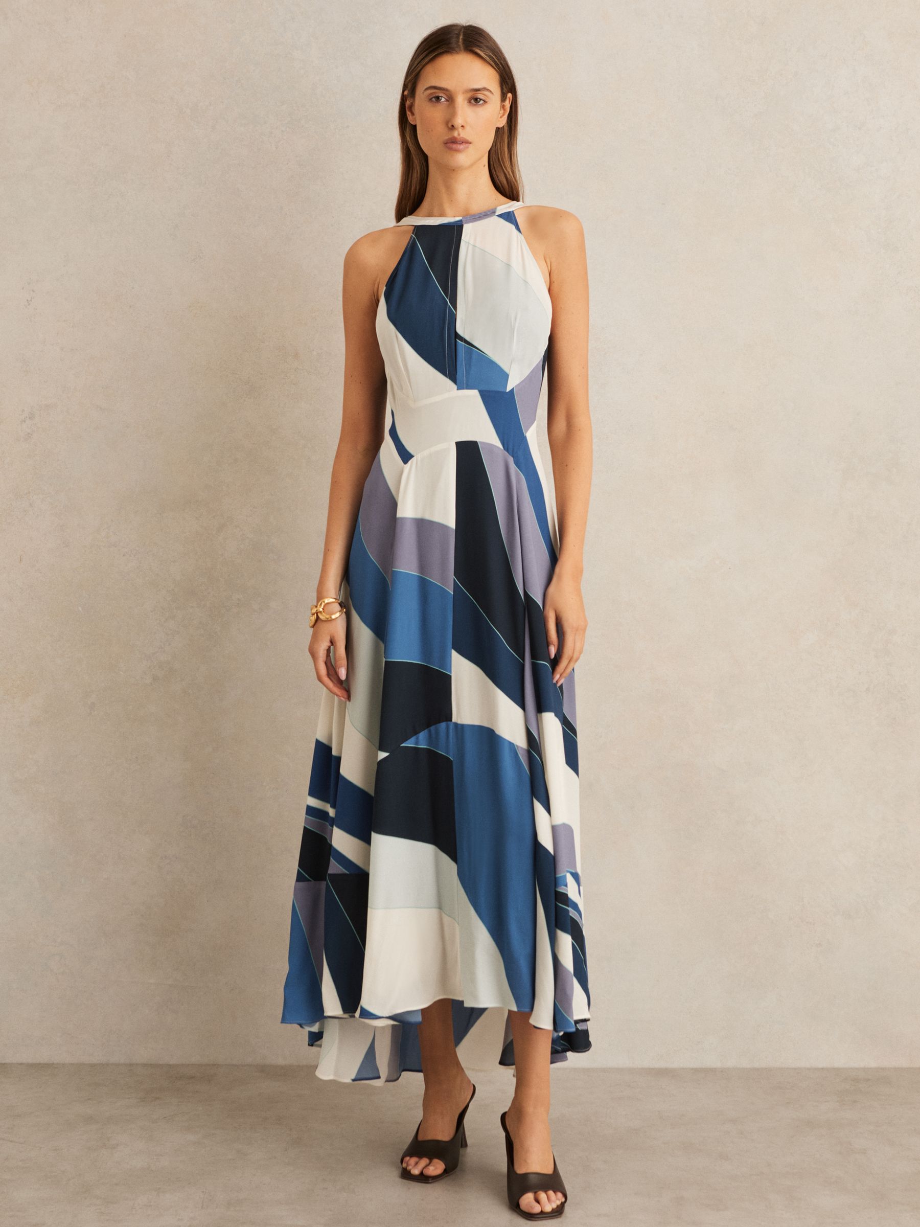 Stripe Print V-Back Midi Dress in Blue