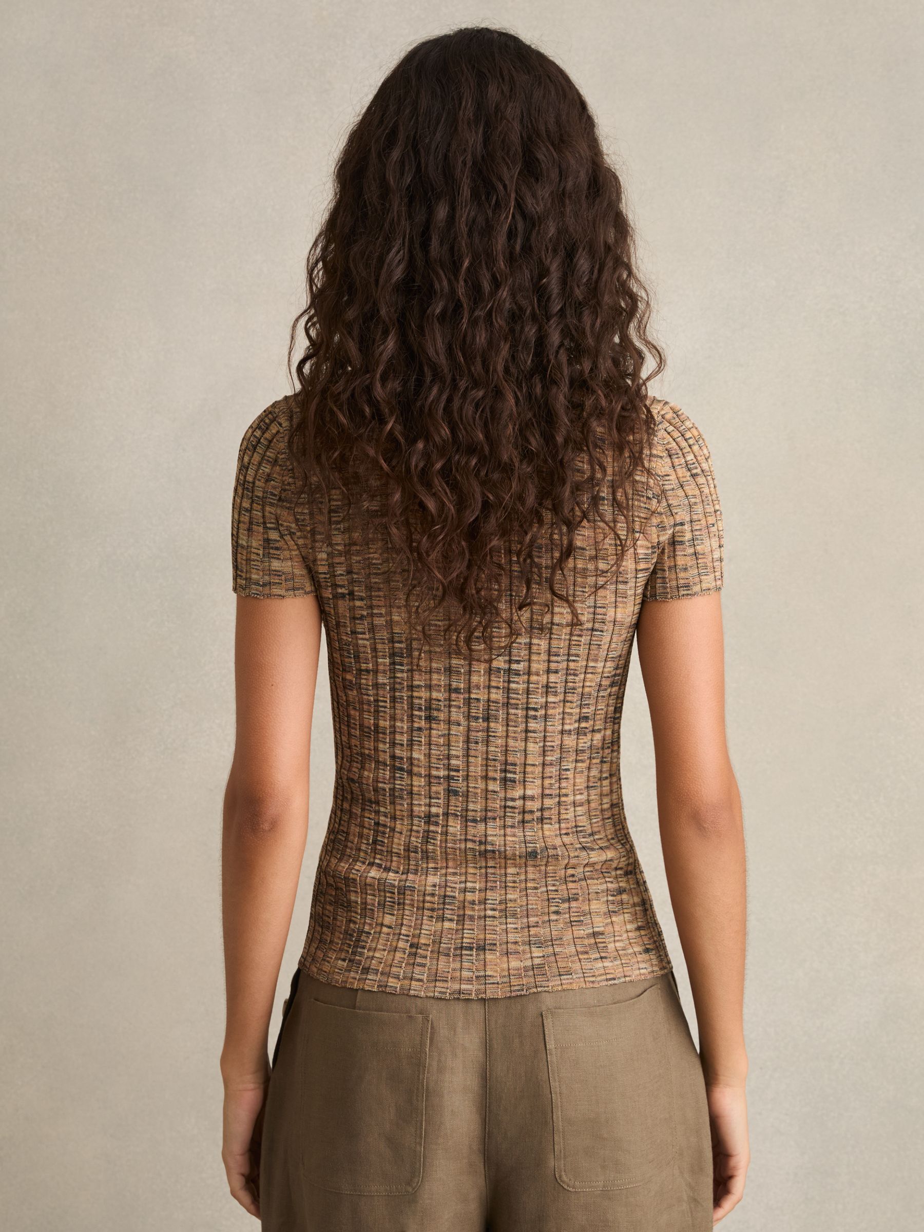 Lace Up Rib Knit Top in Camel Marl