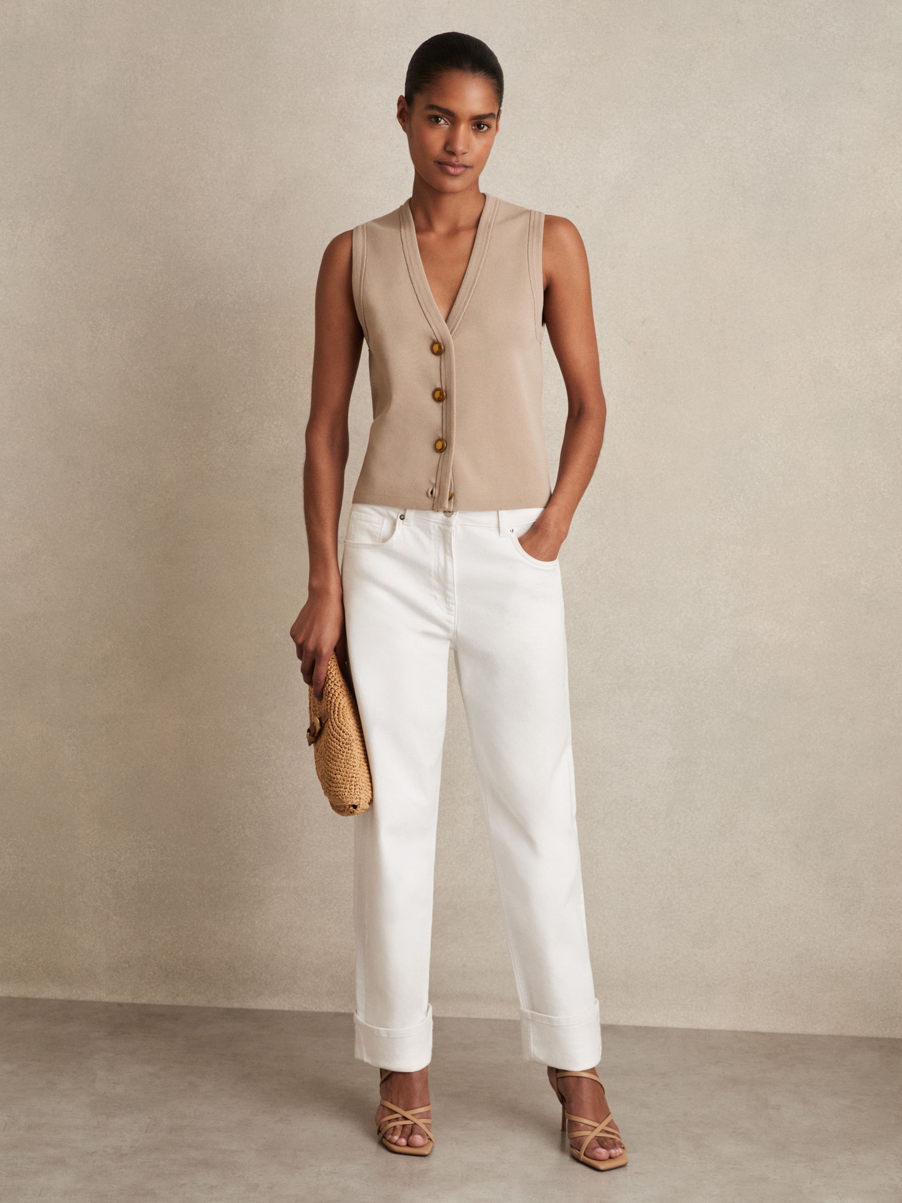 Knitted Button Through Vest in Neutral