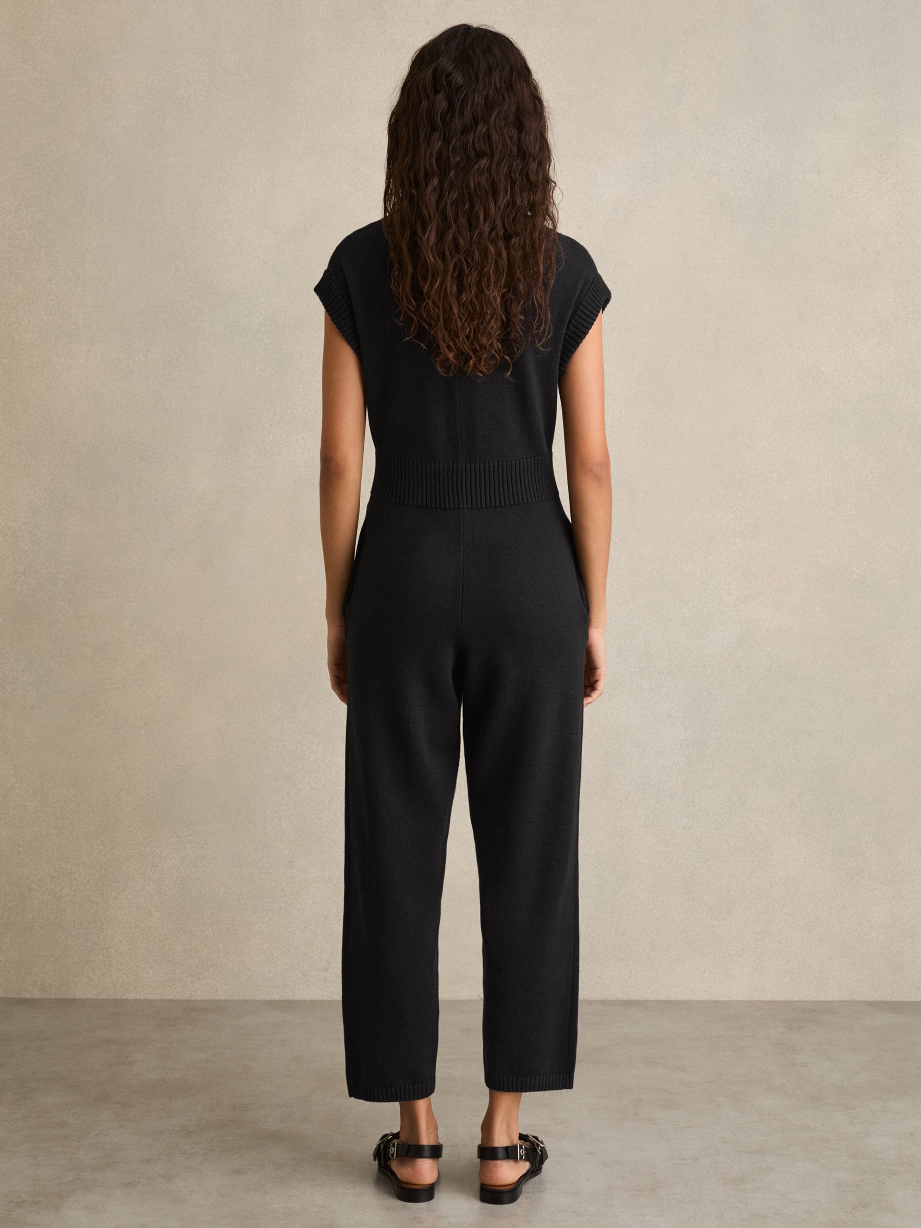 Cotton Knit Zip-Front Jumpsuit in Black