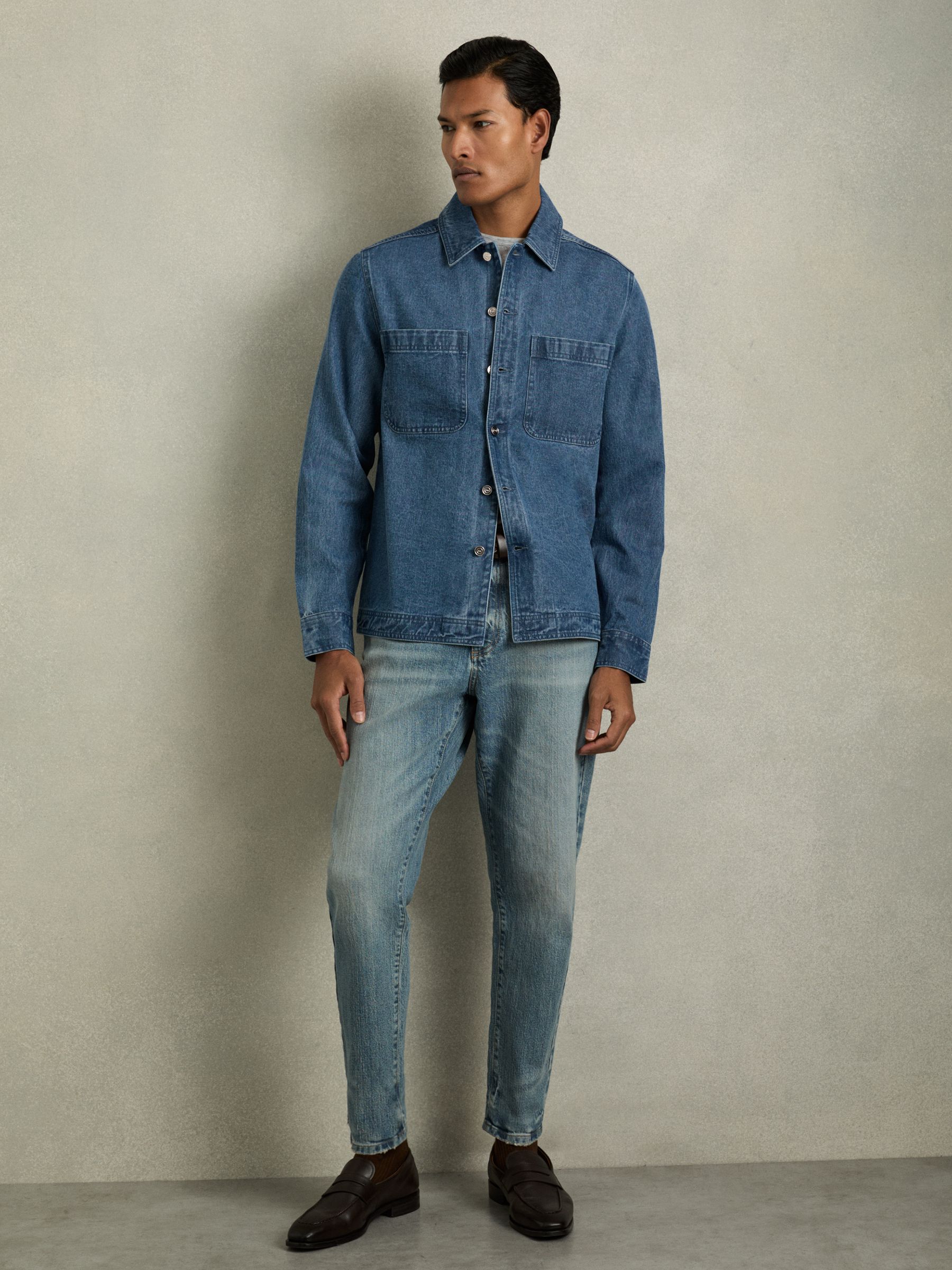 Cotton-Denim Button-Through Overshirt in Light Blue Wash
