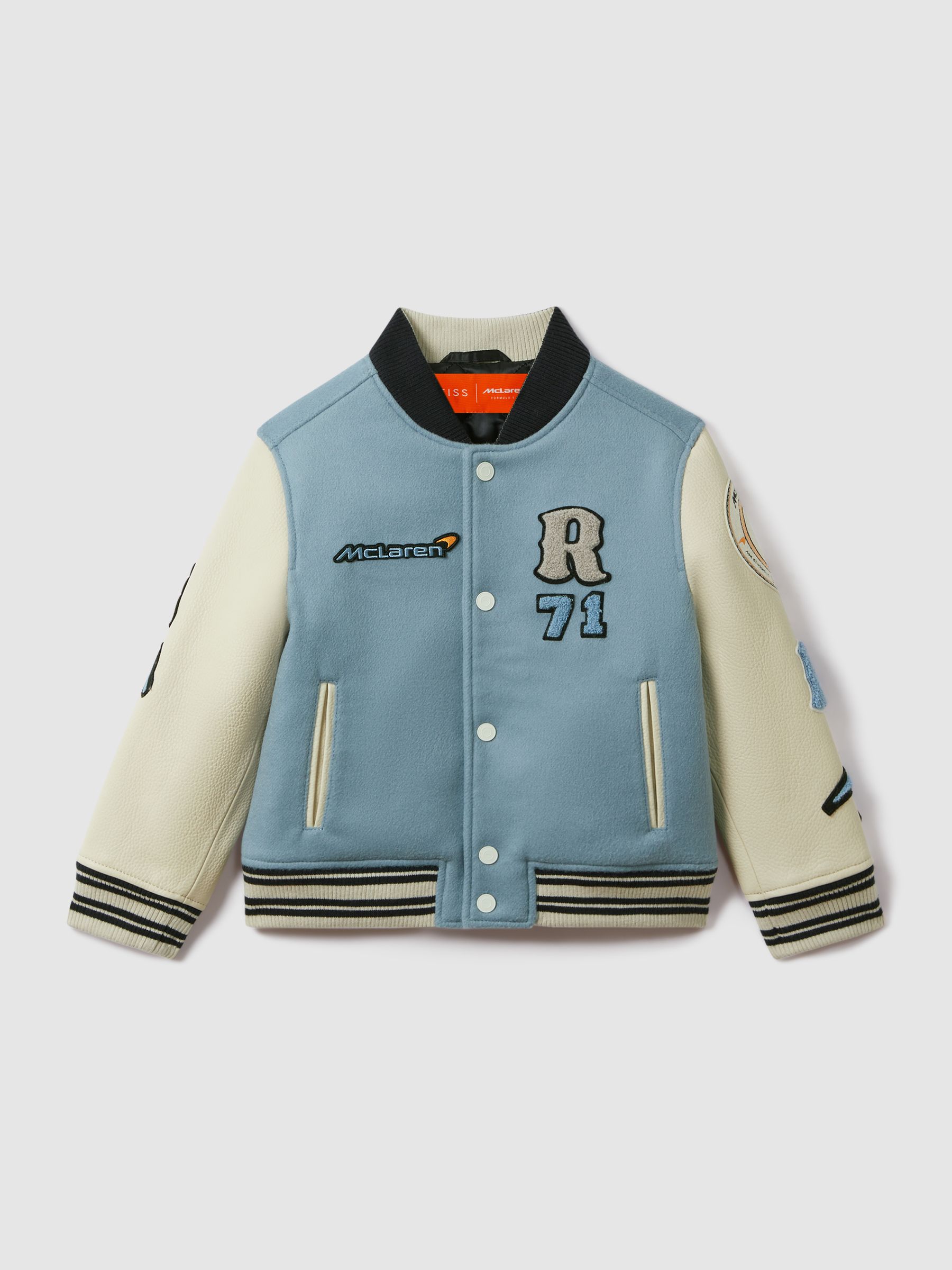 3-9 yrs McLaren F1 Leather Varsity Jacket in Airforce Blue/Ecru