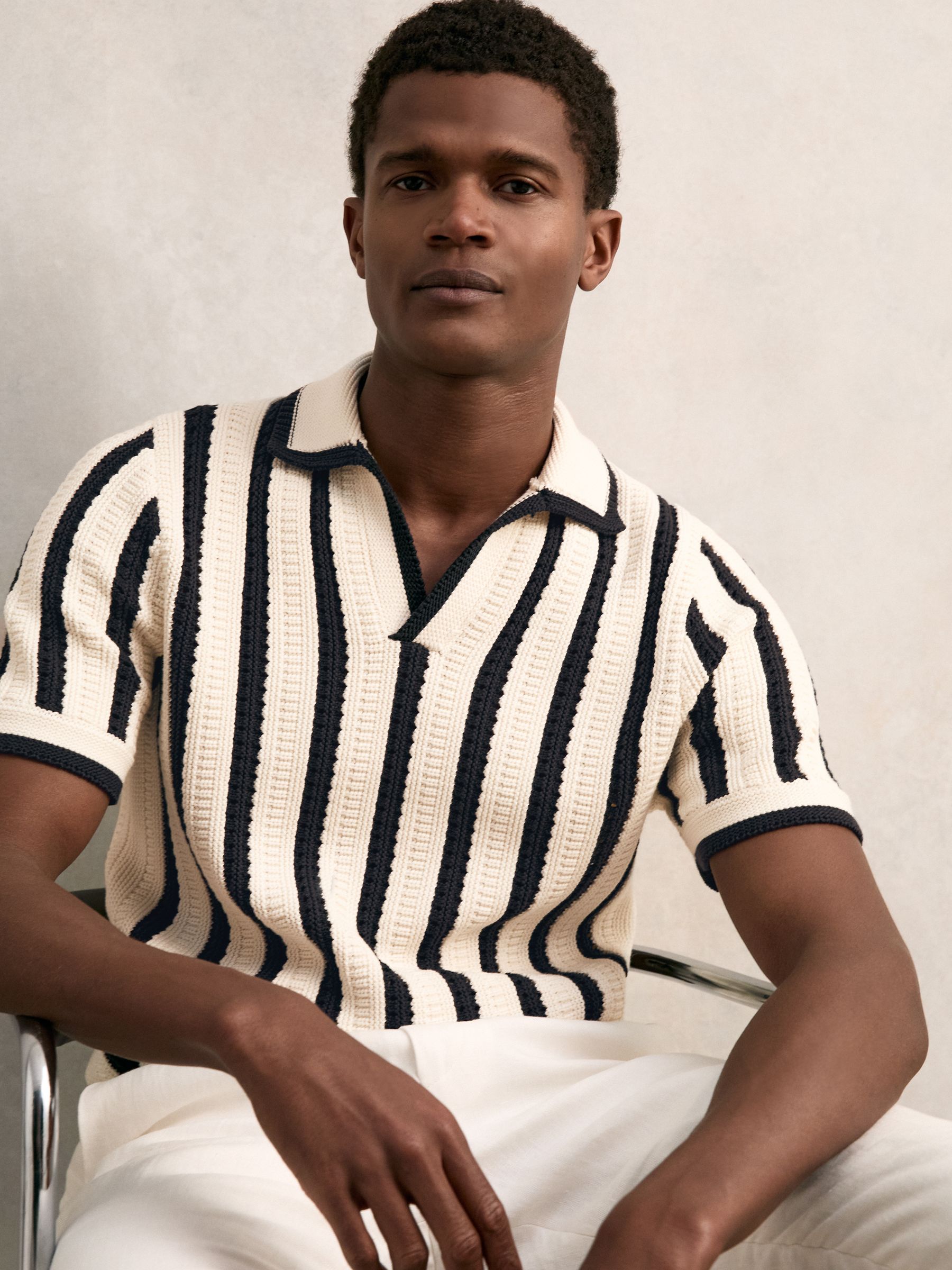 Cotton Blend Stripe Knit Polo Shirt in Off White/Navy