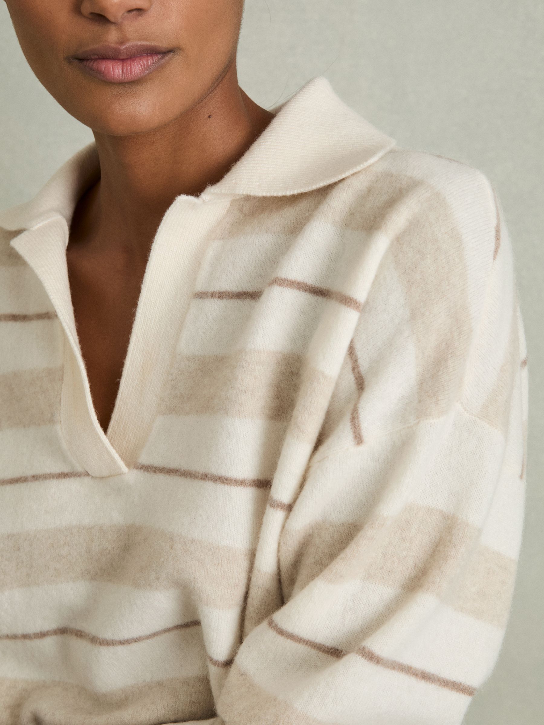 Wool-Cashmere Stripe Open-Collar Jumper in Neutral