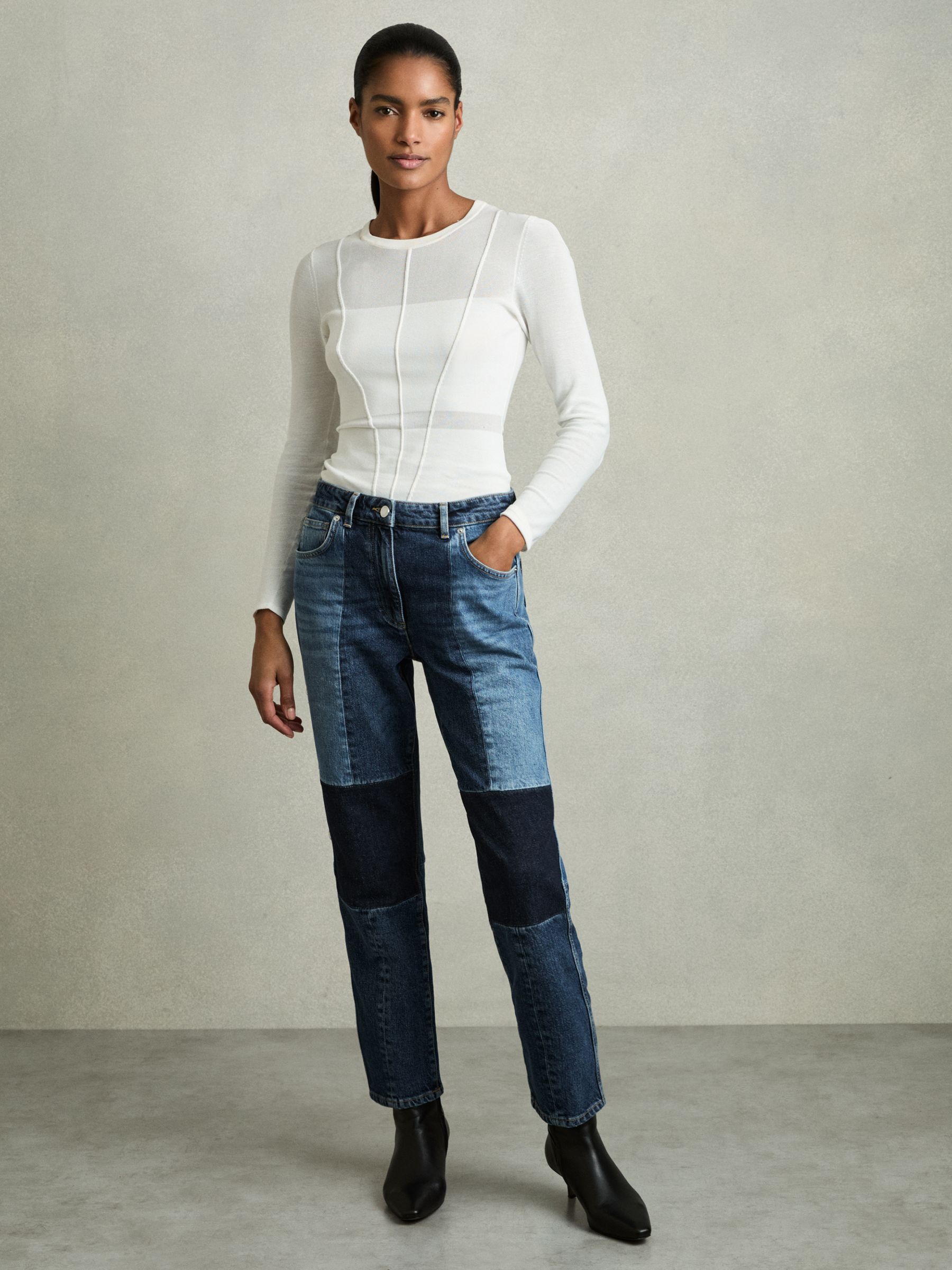 Petite Straight-Leg Patchwork Jeans in Mid Blue