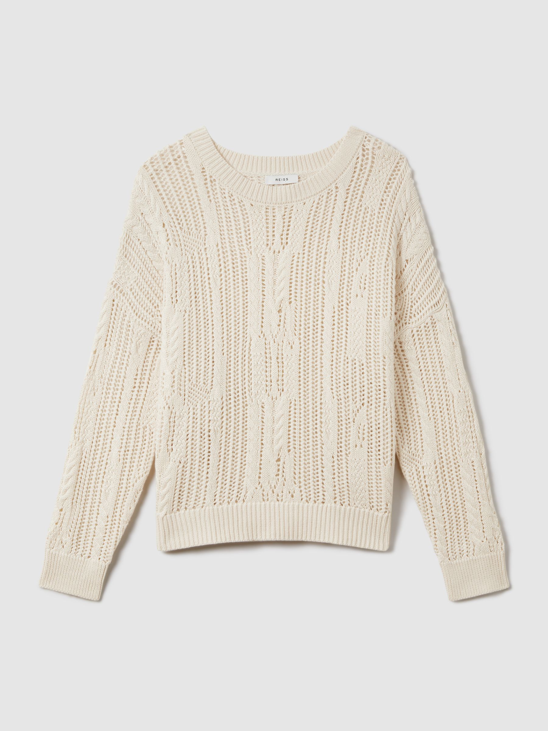 Cotton Blend Open Stitch Crew Neck Jumper in Ivory
