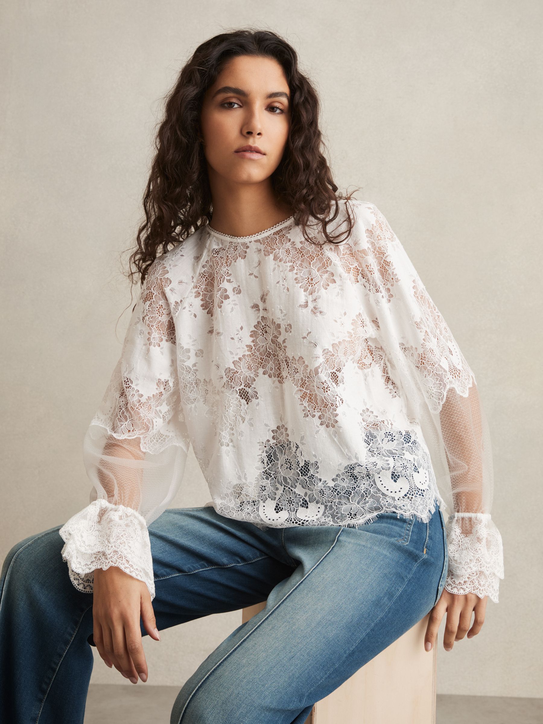 Lace Flared-Cuff Blouse in Ivory