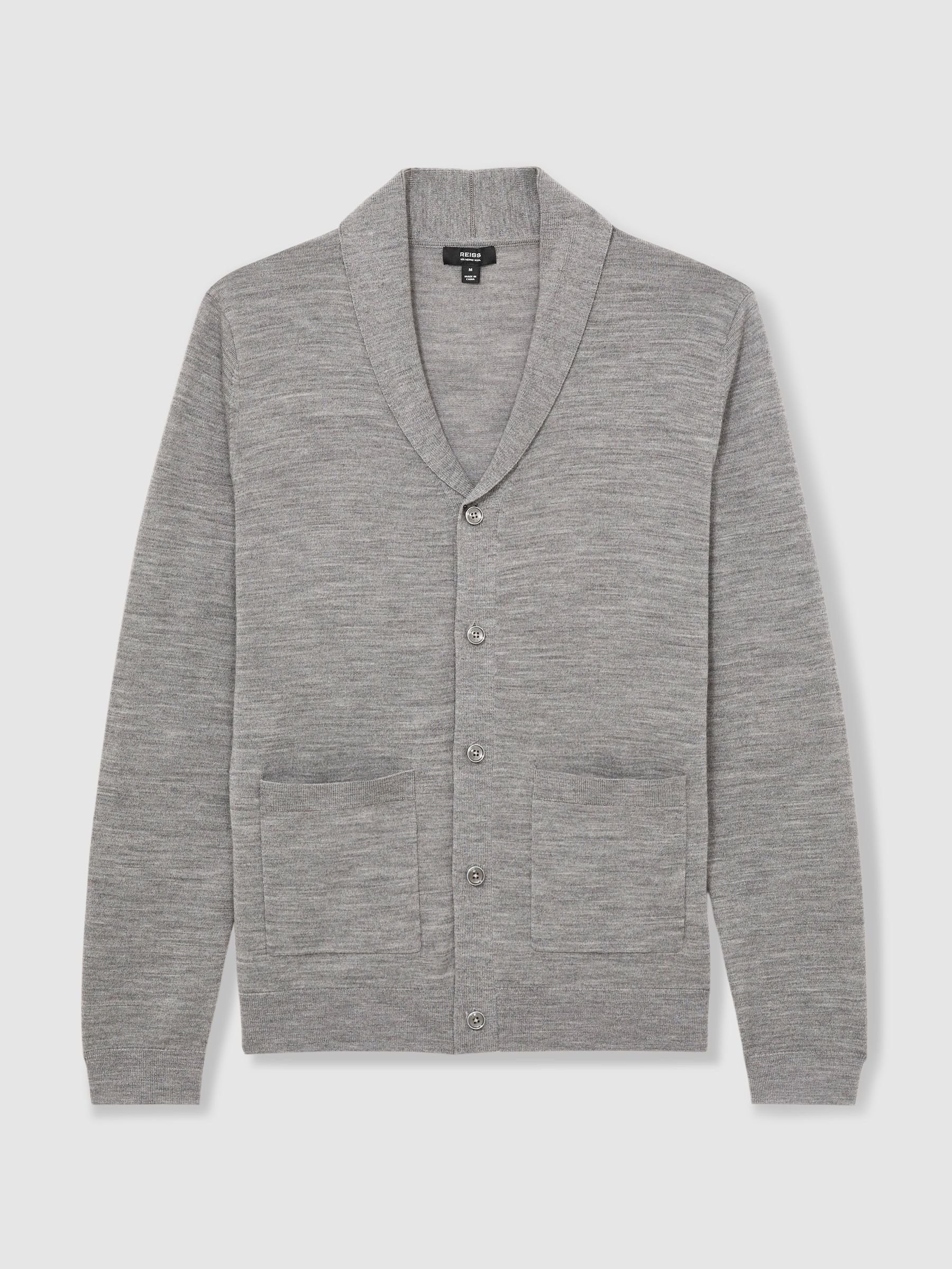 Merino Wool Shawl-Collar Cardigan in Warm Grey Melange