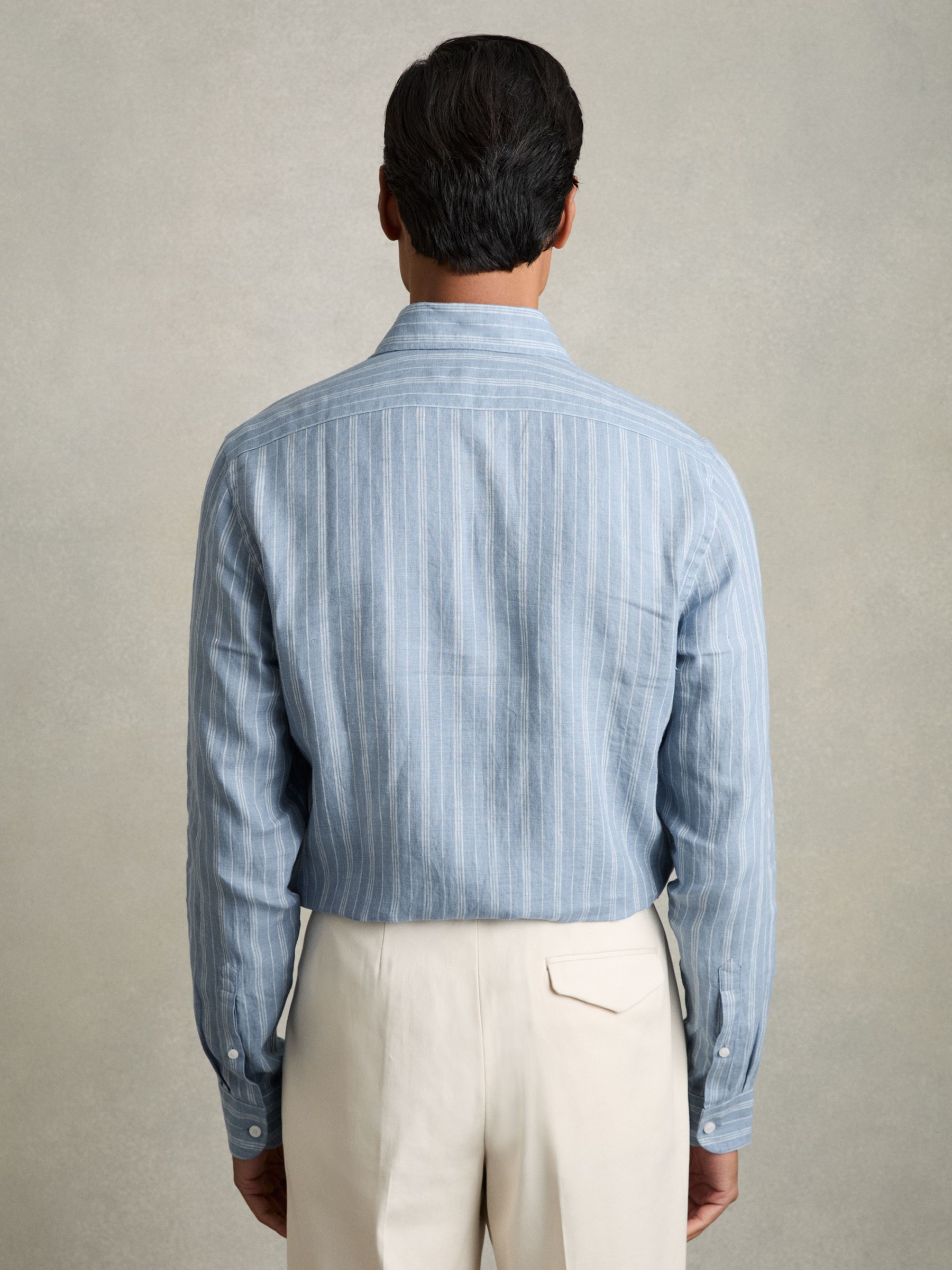 Linen Striped Long Sleeve Shirt in Airforce Blue/White Bengal Stripe