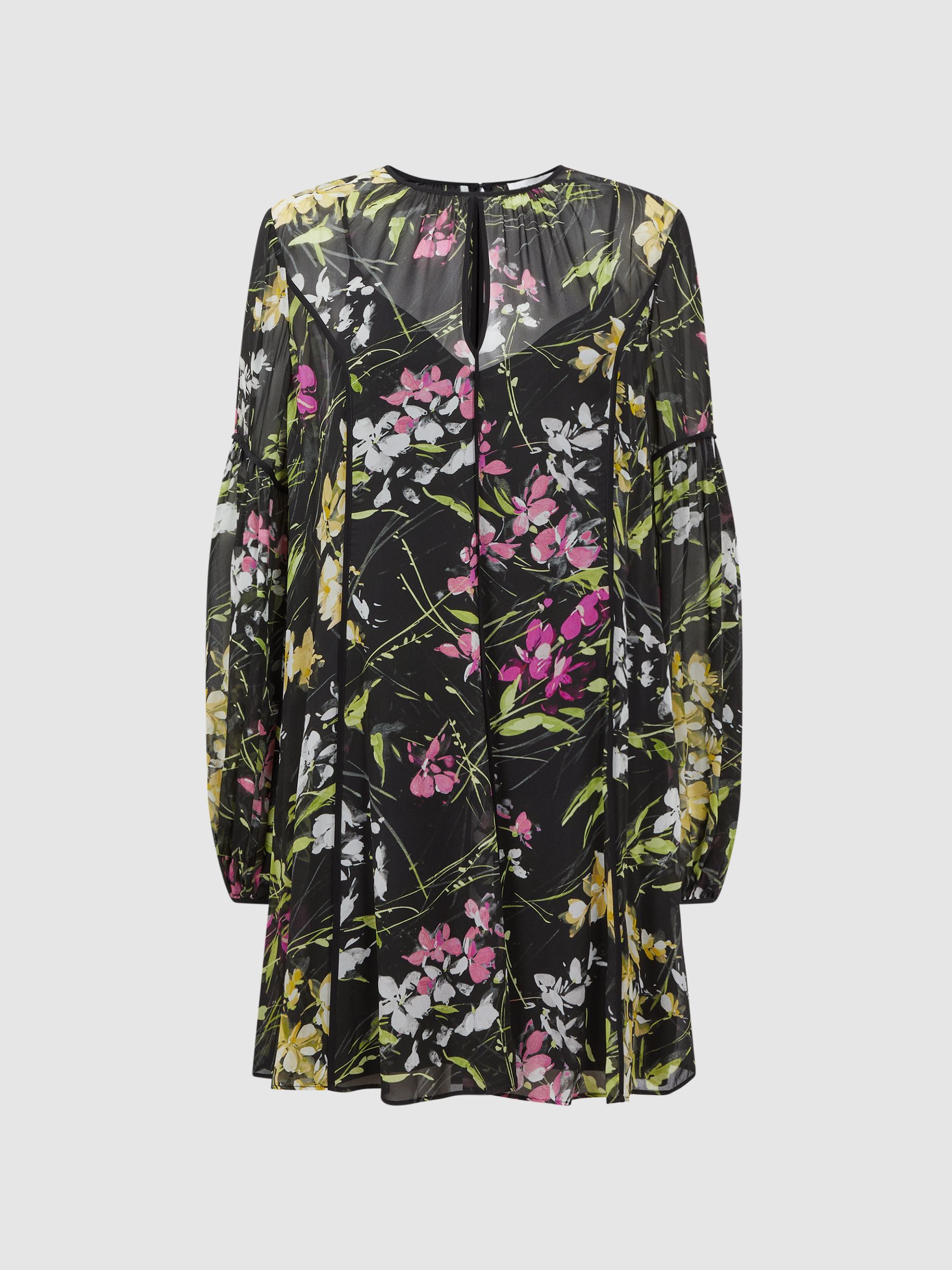 Florere Sheer Floral Mini Dress in Black