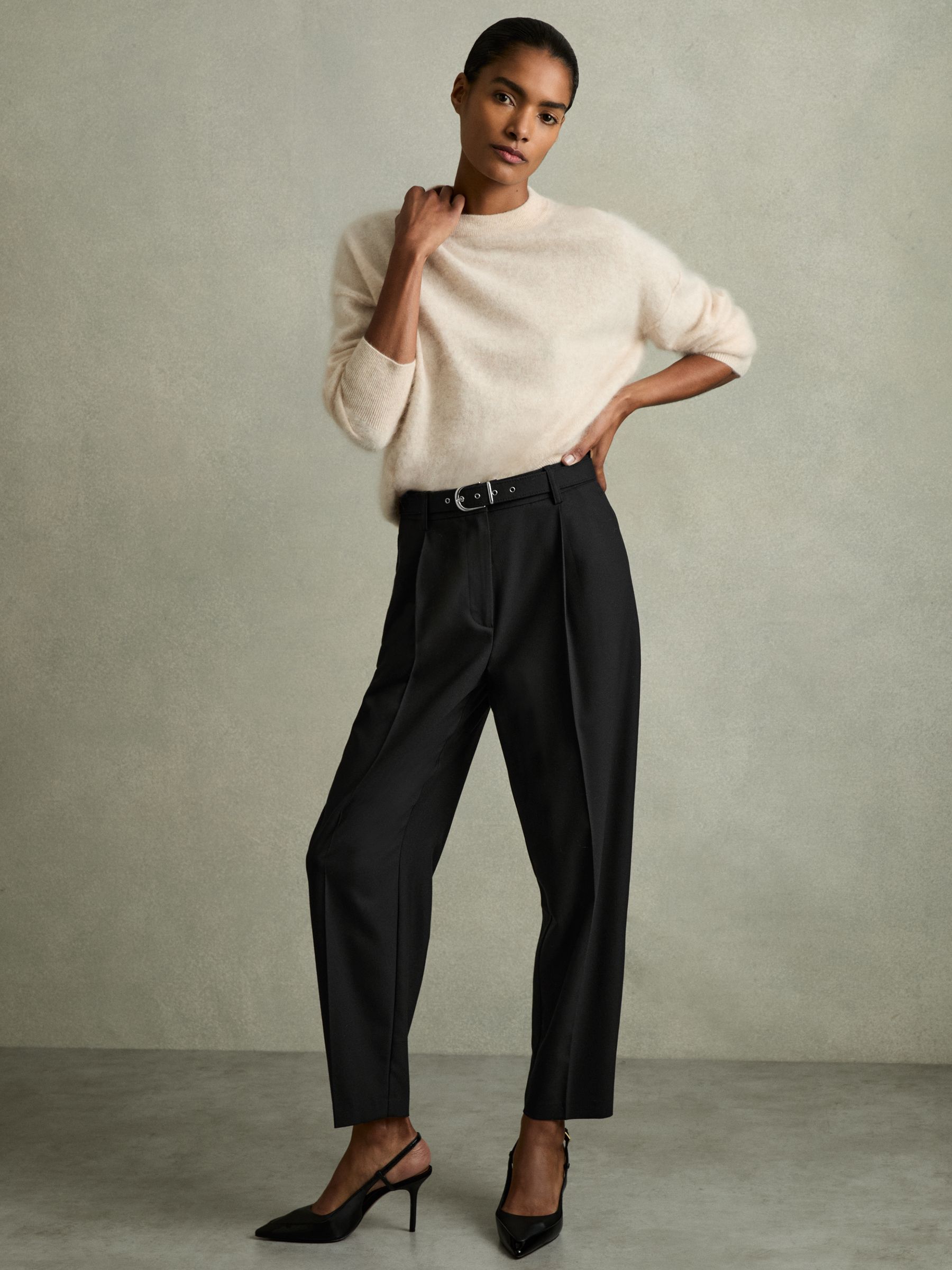 Tapered Belted Trousers in Black