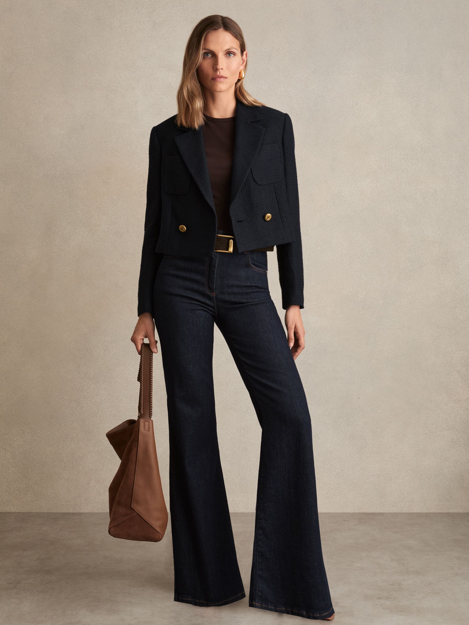 Double-Breasted Textured Cropped Blazer with Wool and Cotton in Navy