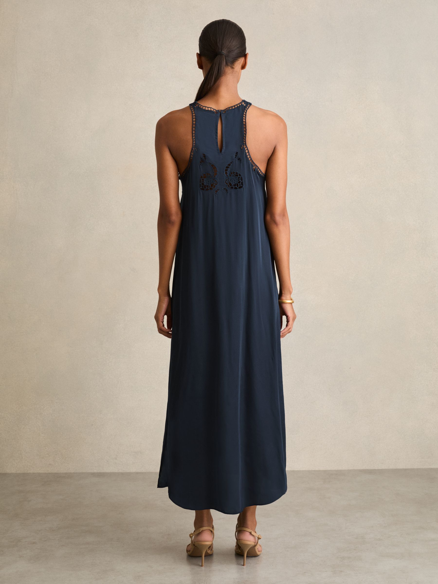 Satin Cut-Out Slip Dress in Navy