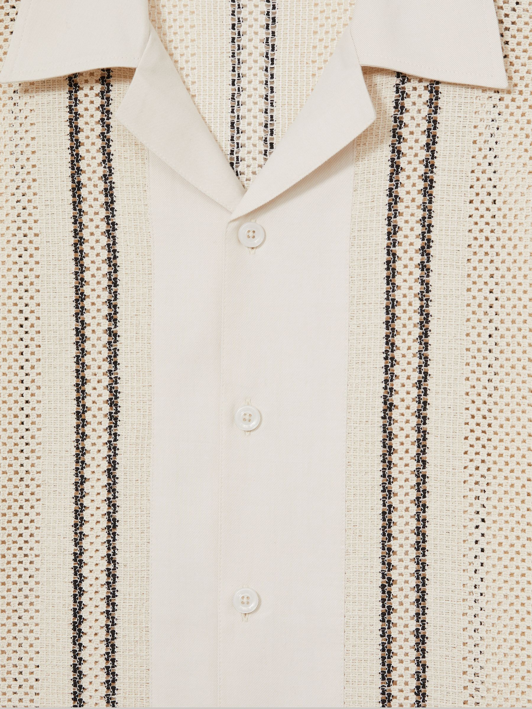 Crochet Stripe Cuban-Collar Shirt in Off White/Navy