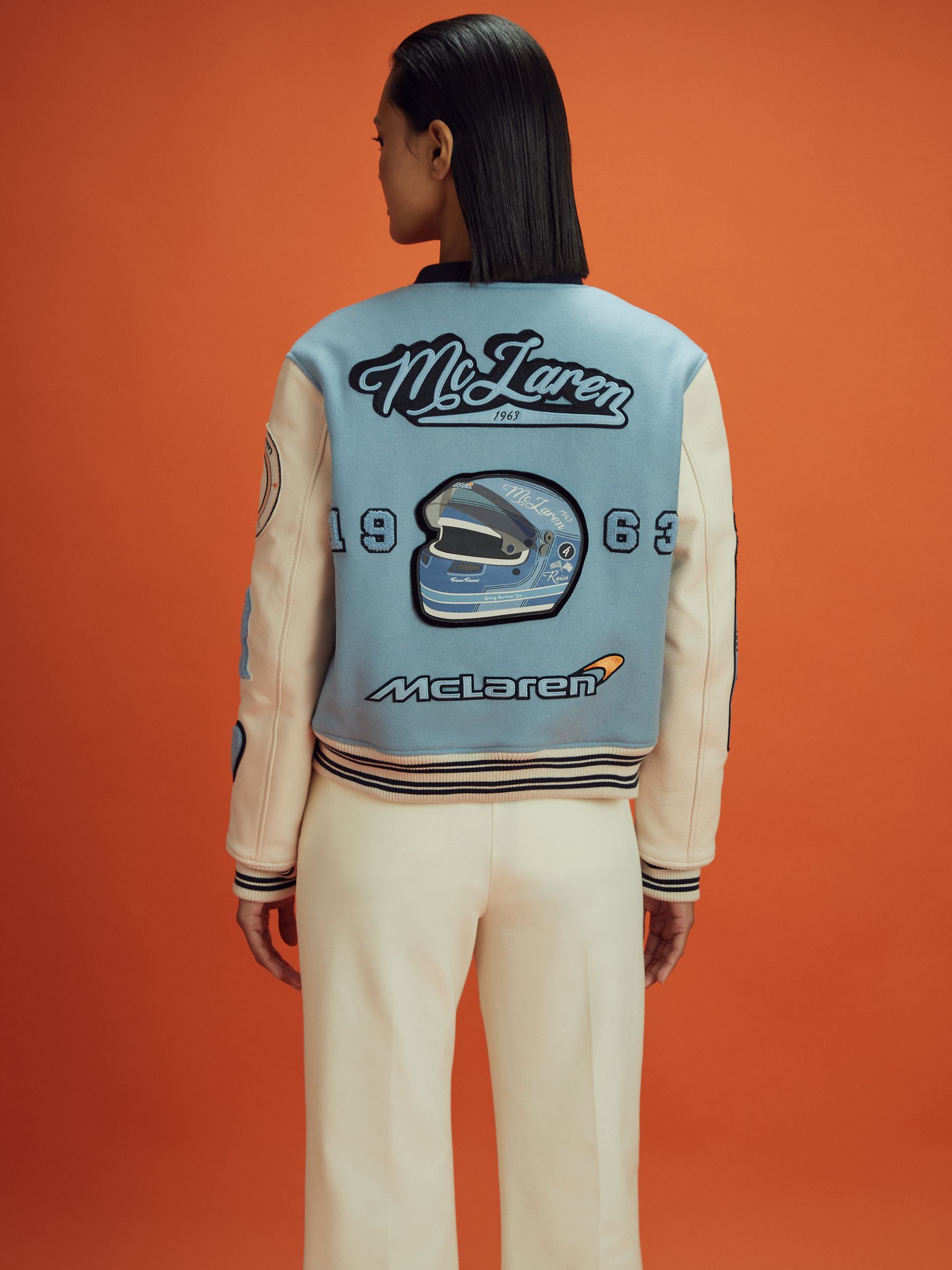 McLaren F1 Leather Varsity Jacket in Soft Blue/Ecru