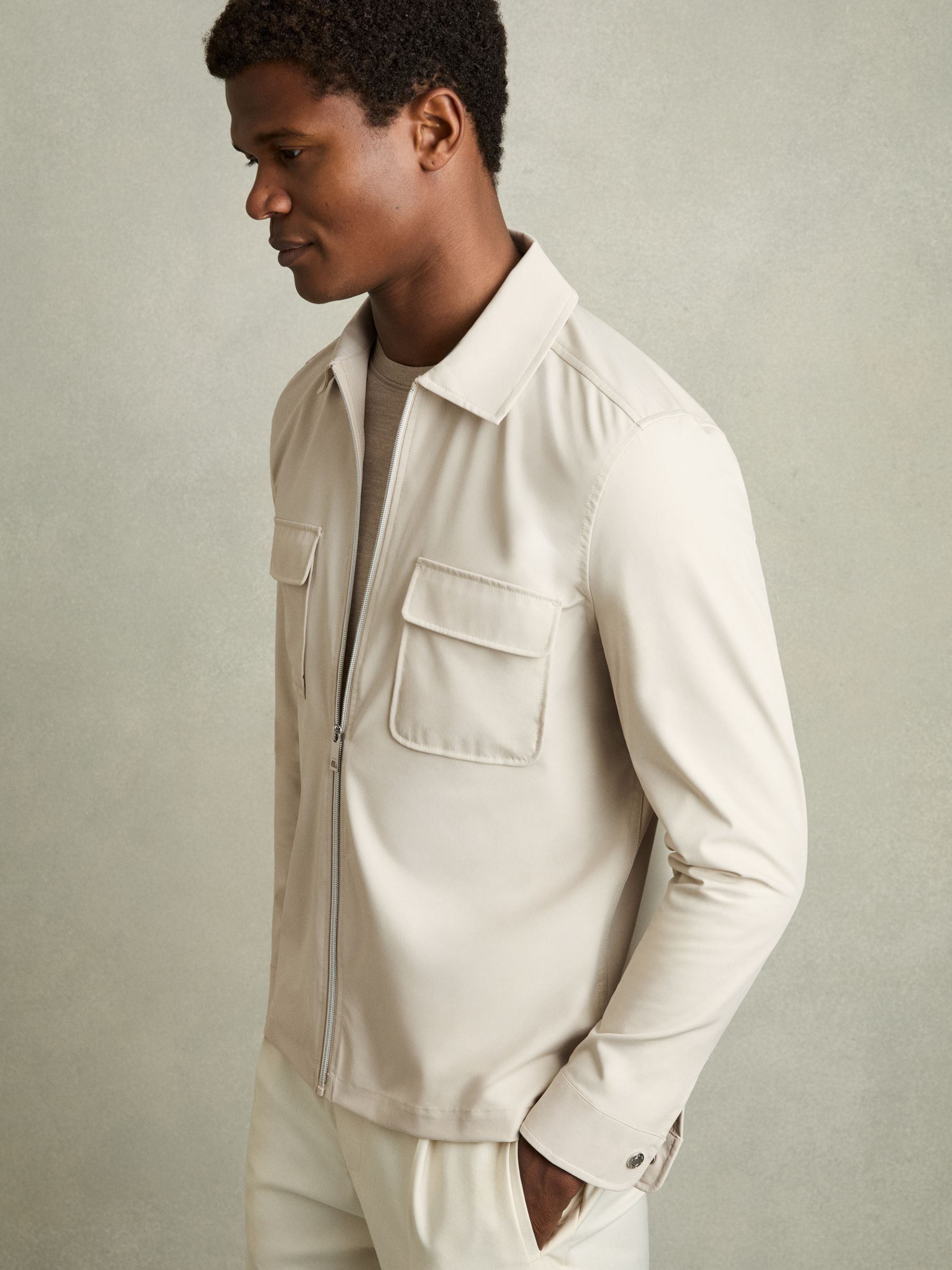 Technical Zip-Through Overshirt in Stone