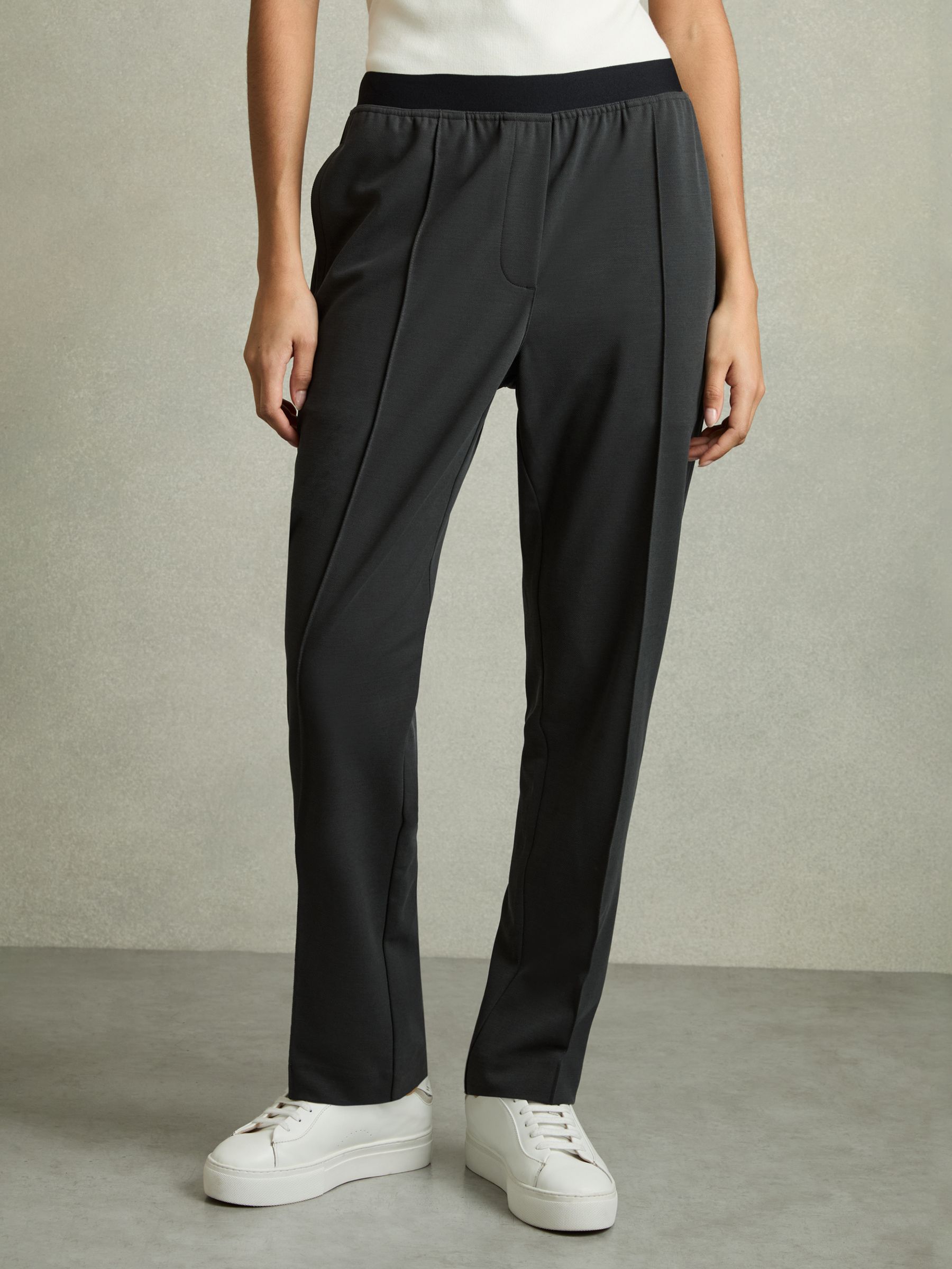 Elasticated-Waistband Tapered Trousers in Charcoal Grey