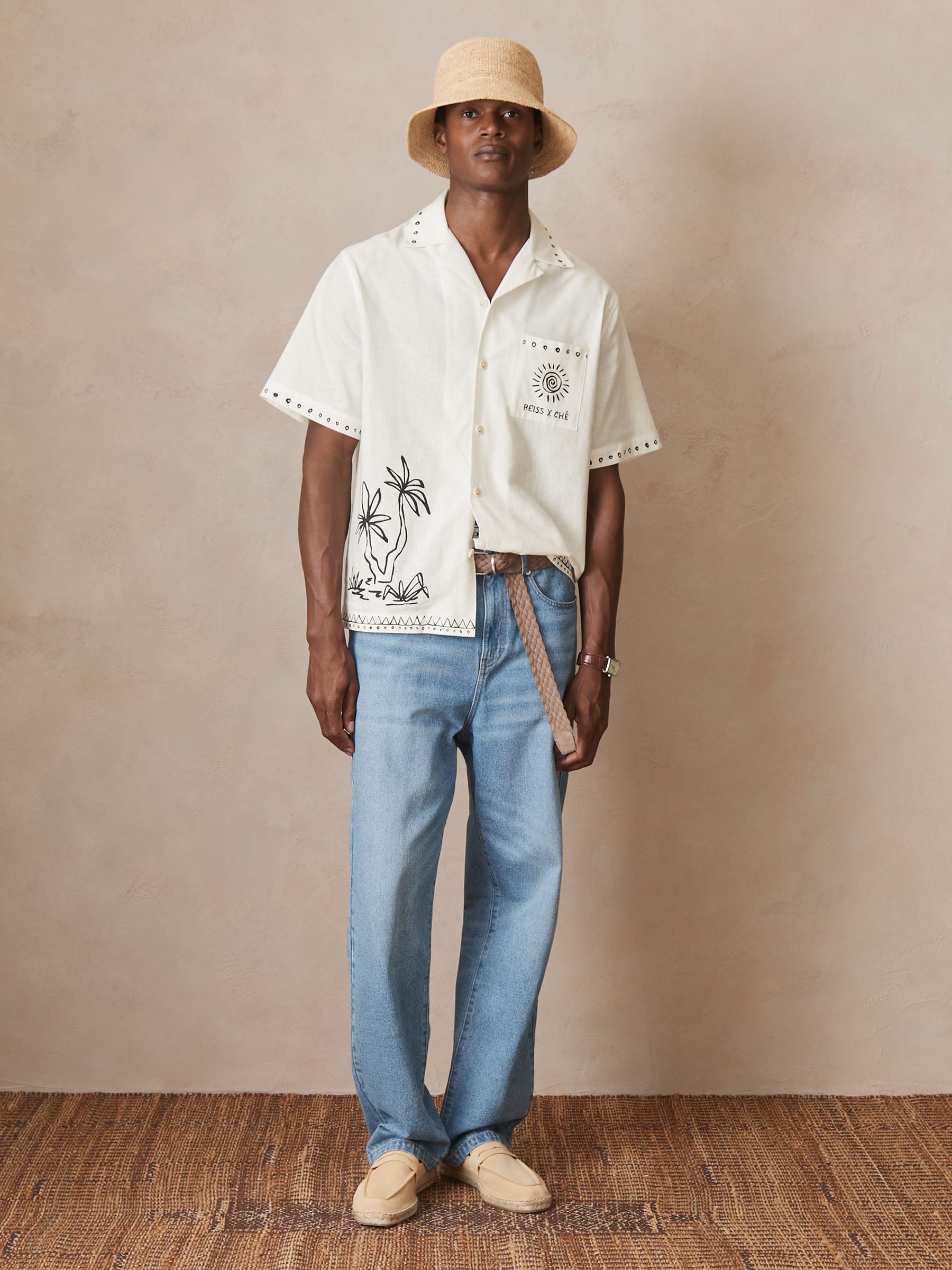 Reiss | Ché Cotton-Linen Palm Shirt in White