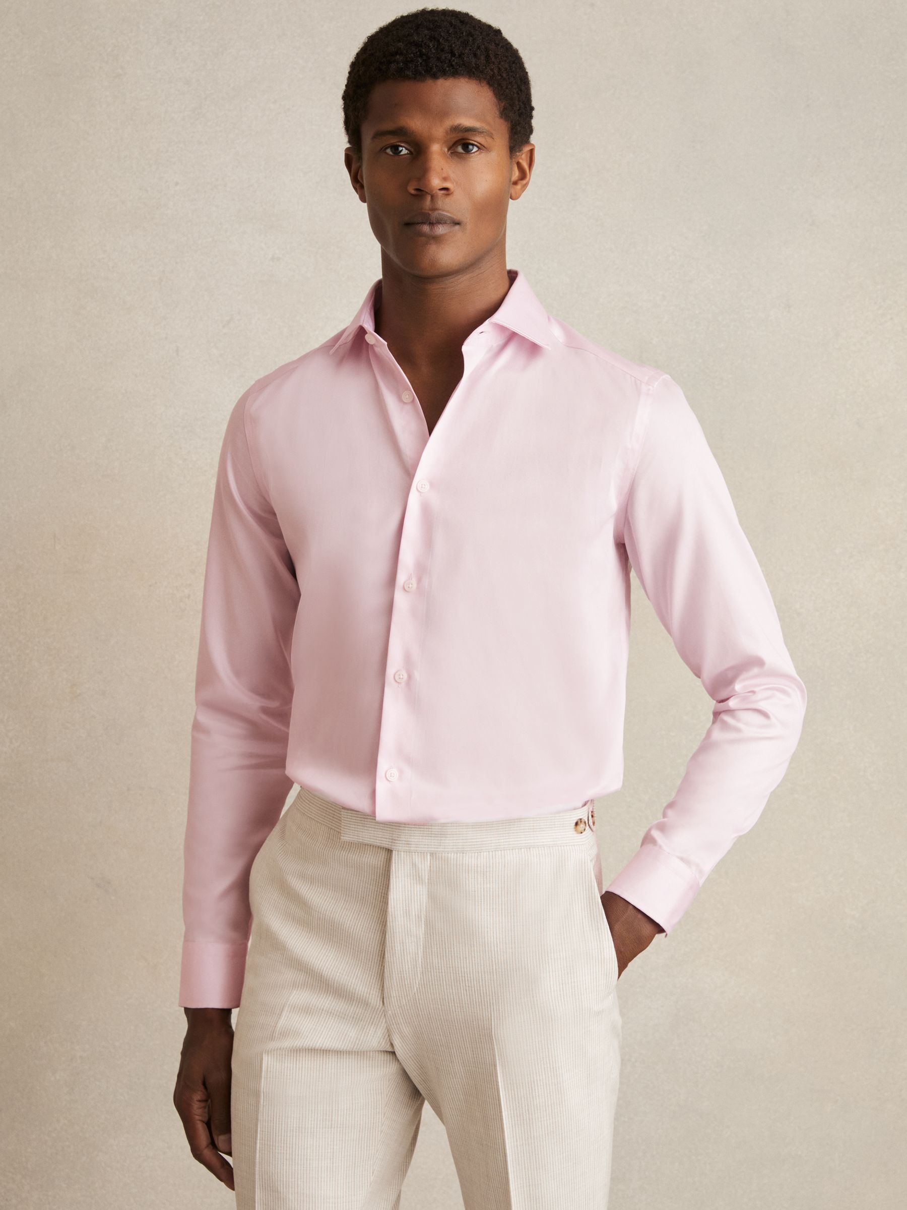 Slim Fit Cotton Sateen Shirt in Pink
