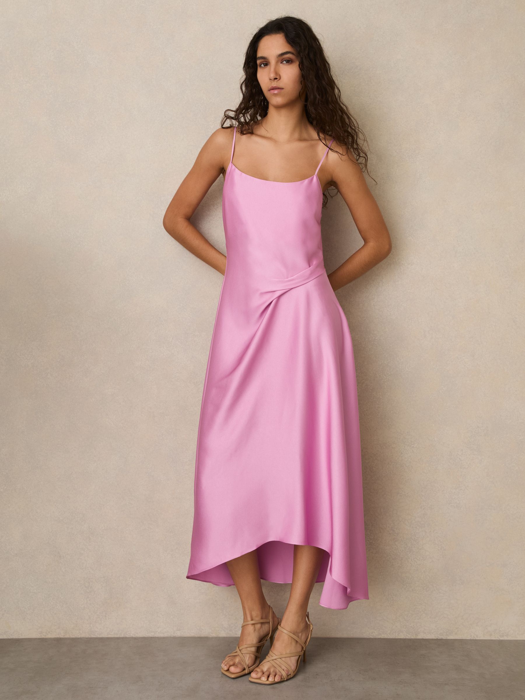 Satin Drape-Detail Slip Dress in Pink