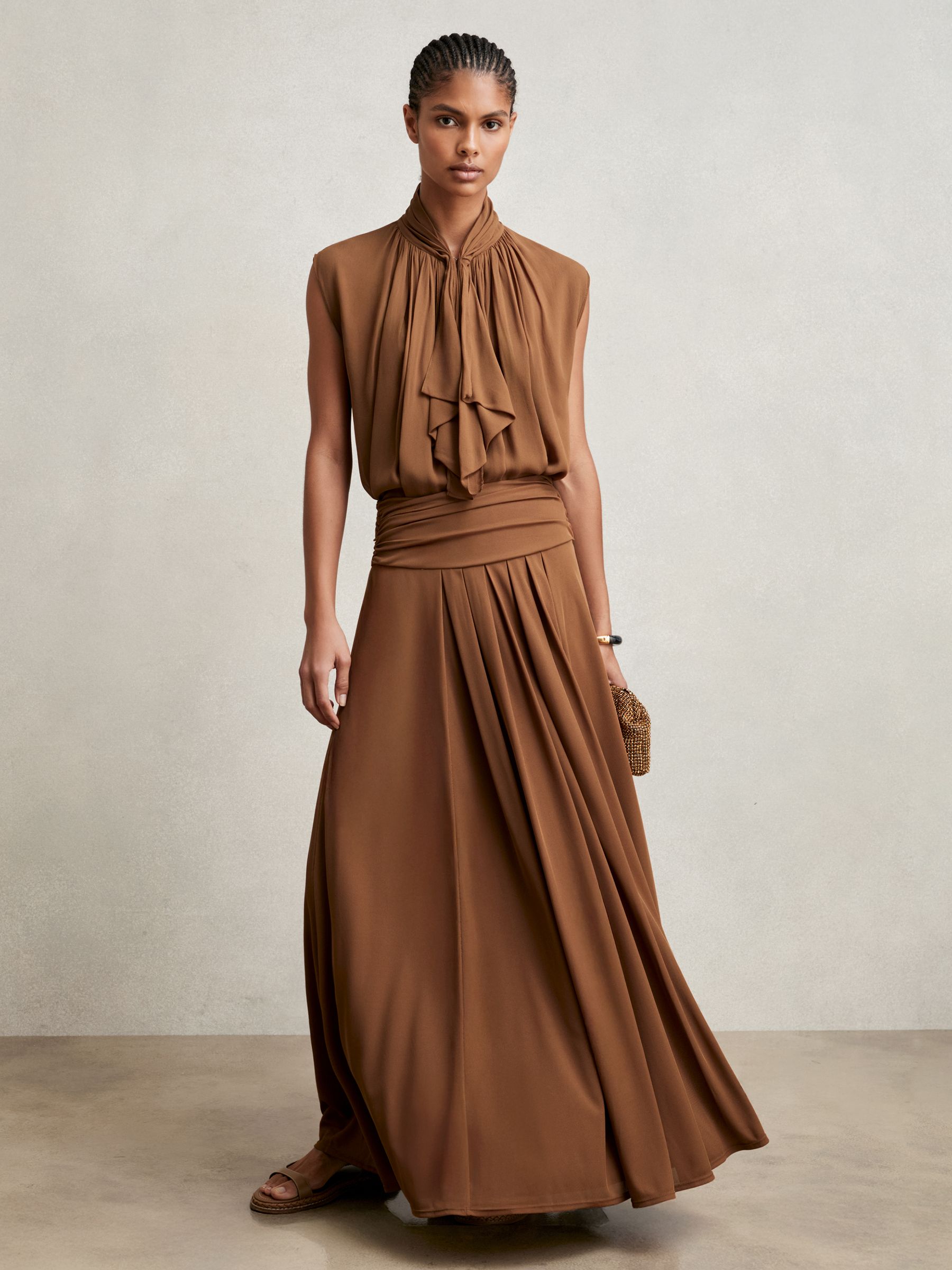 Jersey Ruched-Waist Maxi Skirt in Tan Brown