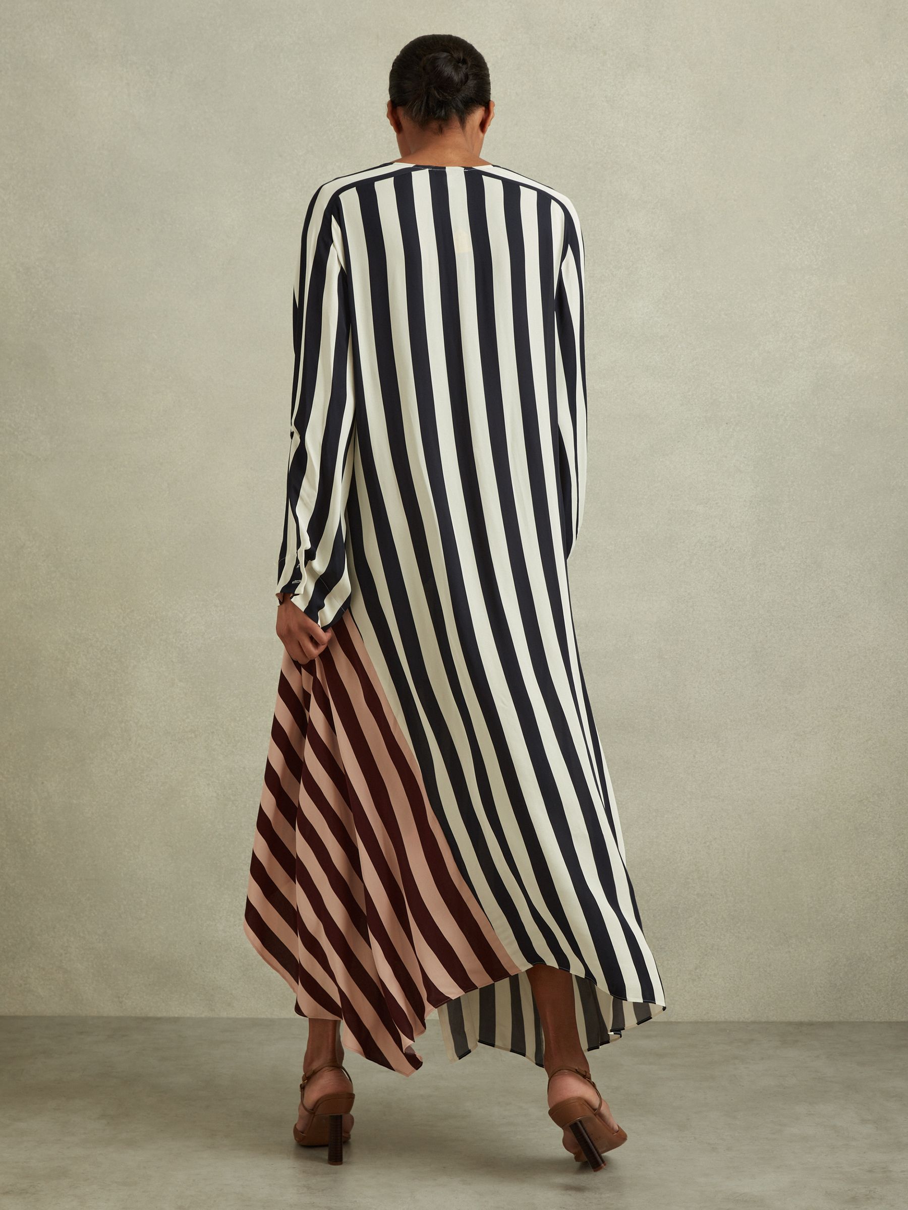 Colourblock Stripe Asymmetric Midi Dress in Navy/Off White