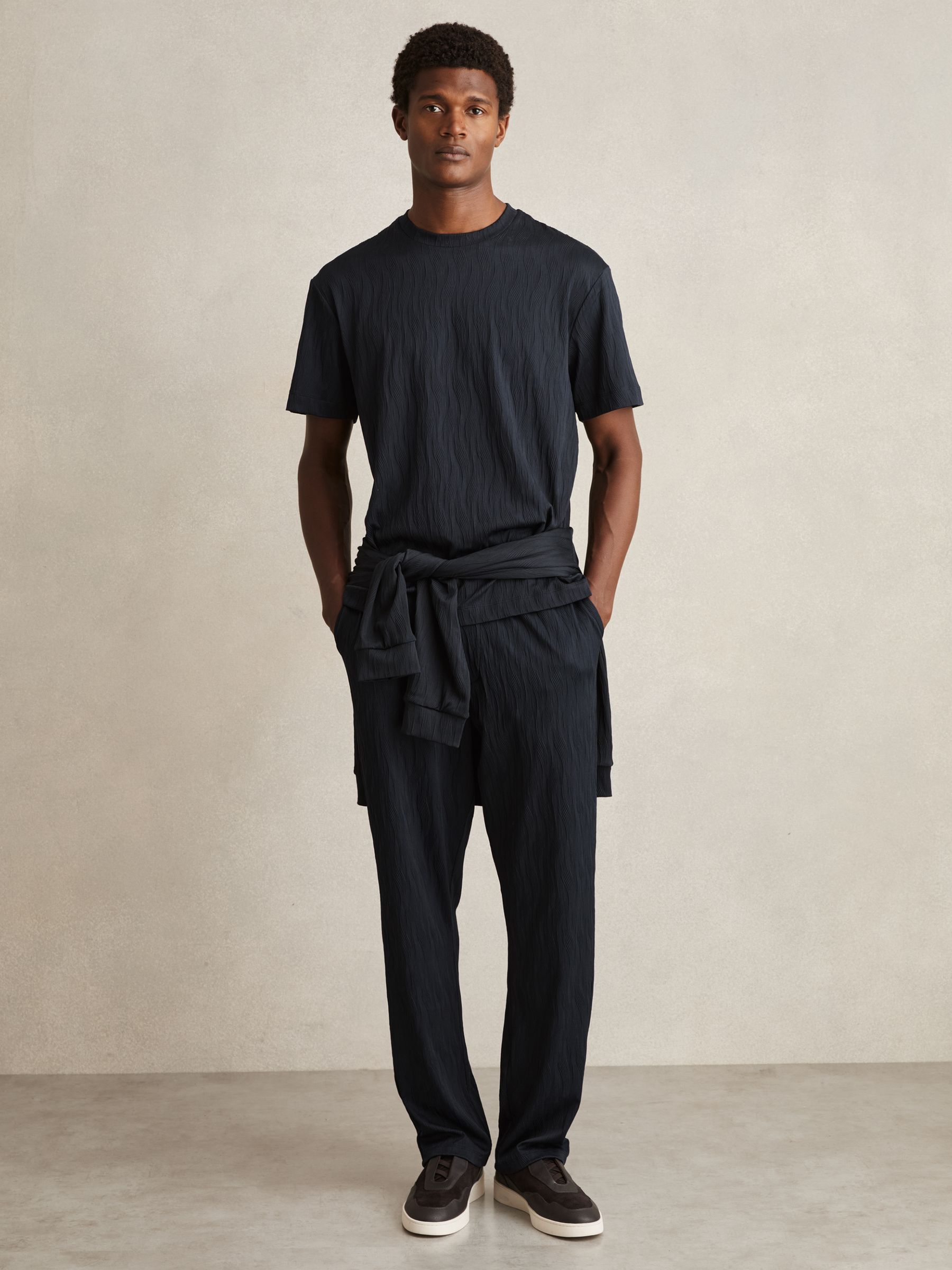 Wave-Jacquard Drawstring Trousers in Navy